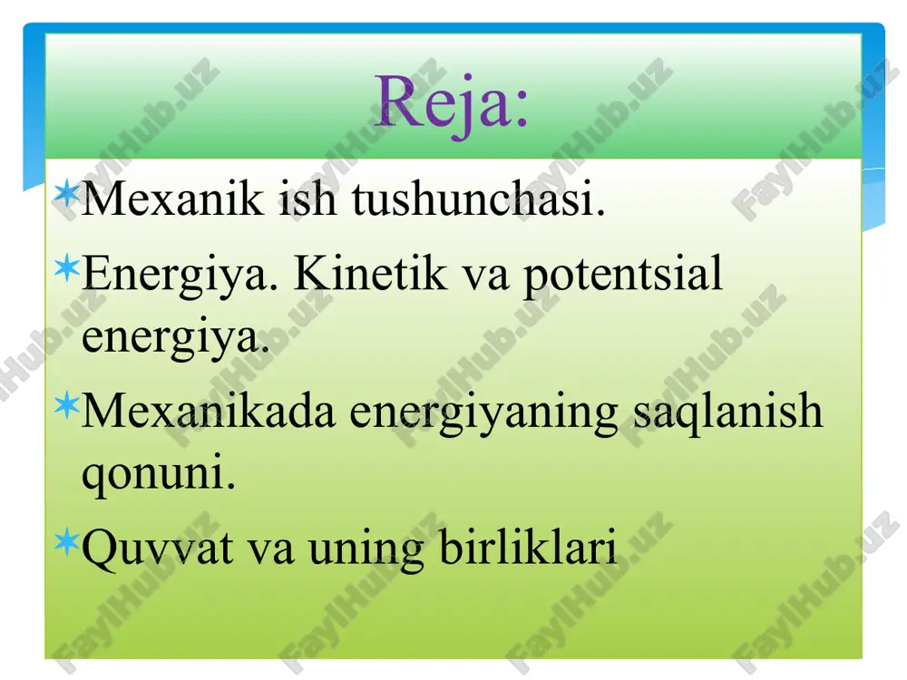 bosib o‘tilgan yo‘lni shunday kichik bo‘lakchalarga bo‘lamizki, ularning har birini to‘g‘ri chiziqdan iborat va ulardagi ta’sir kuchni o‘zgarmas deb hisoblaymiz. (2-rasm). u holda elementar ish 2-rasm.o‘zgaruvchi tashqi kuch ta’sirida jismning ko‘chishda bajargan ishi 2-rasm. agar jism to‘g‘ri chiziqli harakat qilsa, ta’sir etuvchi kuch va  - burchak o‘zgarmas bo‘ladi. mexanikaviy energiyaning «yo‘qolishi» yuz bermaydigan elastik urilishga ideal elastik urilish deyish lozim edi, chunki hamma vaqt mexanikaviy energiyaning «yo‘qolishi»- uning bir qismini issiqlikka o‘tishi mavjud bo‘ladi. biroq, agar bu yo‘qolishlar juda kichik bo‘lsa, u holda ideal elastik urilishning biz qaragan manzarasi haqiqiy jarayonni yetarlicha yaxshi aks ettirad noelastik urilishni deformasiya energiyasining urilish paytida issiqlikka aylangan qismi orqali harakterlash mumkin edi. lekin, noelastik urilish muayyan materialdan yasalgan sharlarning noelastik urilishida urilishdan oldingi va keyingi nisbiy tezliklar kattaliklari doimiy nisbatda bo‘lishini topgan bo‘lib, shu sababli bunday urilishni nisbiy tezlikning urilishdan keyingi tiklanish koeffisiyenti bilan xarakterlash mumkin kuch, ish, energiya ish va energiyaning bajarilish …
