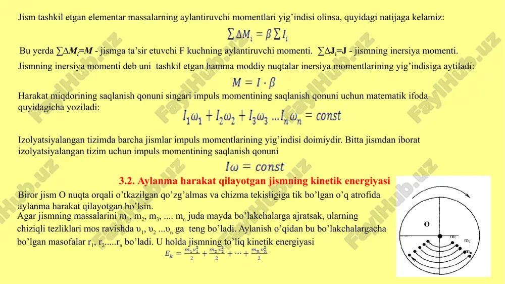2 ...υn ga teng bo’ladi. aylanish o’qidan bu bo’lakchalargacha bo’lgan masofalar r1, r2.....rn bo’ladi. u holda jismning to’liq kinetik energiyasi biroq υ=ωr. buni e’tiborga olsak alohida zarrachalarning massalarini ulardan aylanish o’qigacha bo’lgan masofalar kvadratlarining ko’paytmalari yig’indisi jismning o’qqa nisbatan inersiya momenti deyiladi. kattaliklar yig’indisi jismning to’liq inersiya momenti deyiladi. shuning uchun bu yerda aylanayotgan jismning, masalan, silindrning to’liq kinetik energiyasi uning ilgarilanma va aylanma harakatlari kinetik energiyalarining yig’indisiga teng. bu yerdaω - o’zgeometriko’qiatrofidaaylanayotgansilindrningburchaktezligi, υ-o’qningilgarilanmaharakatichiziqlitezligi. inersiyamomentiningo’lchovbirligi [j]=1kg·m2, kuchmomentinikiesa 3.3. qattiq jism deformatsiyasi deformatsiya deb tashqi kuch ta’sirida jismlarning shakli va o’lchamlarining o’zgarishiga aytiladi. deformatsiya elastik va plastik ko’rinishga ega. agar tashqi kuch ta’siri olingandan so’ng jism dastlabki o’lchami va shaklini olsa, unga elastik deformatsiya deyiladi. tashqi kuch ta’siri to’xtaganda o’z holicha qoladigan deformatsiyaga plastik deformatsiya deyiladi. agar ko’ndalangkesimyuzidoimiybo’lganbirjinslisterjenningikkalatomonigao’qibo’ylabkuchlarko’ndalangkesimibo’ylabbirxilta’siretsa, sterjenninguzunligi l yoki ∆l gaortadi (cho’ziladi) yoki ∆l qisqaradi. bu vaqtdaixtiyoriyravishdaδl uninguzunligi l gabog’liqravishda ∆(δl) gao’zgaradi. demak, barchasterjenelementlariuchunnisbatbirxilbo’ladi. deformatsiyakattaligisifatidasterjenuzunliginingnisbiyo’zgarishiolinadi, ya’ni cho’zilish deformatsiyasi uchun …