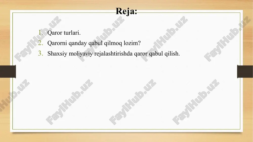 majburiyatlarni aniqlash kerak. bu bosqichda joriy moliyaviy sog‘lomlikni baholash va kelajakdagi moliyaviy rejalaringizni tuzish uchun zaruriy ma'lumotlar to‘planadi. moliyaviy vaziyatni to‘g‘ri baholash orqali siz o‘z ehtiyojlaringiz va imkoniyatlaringizni aniqlashingiz mumkin. qisqa muddatli qarorlar eng oddiy maqsadlar shu guruhga kiradi. ularning muddati – bir yilgacha. odatda, ular joriy to‘lovlar va uncha qimmat bo‘lmagan mavsumiy xaridlardan iborat bo‘ladi. bu oralikdagi davrda o‘z daromadlarini bashorat va qilinishi lozim bo‘lgan xarajatlarini hisob-kitob qilish unchalik katta mehnat va aql talab etmaydi. albatta, bunda ham nimadir o‘zgarishi mumkin. lekin u unchalik sezilarli yoki ta’sirchan darajada bo‘lmaydi. haqiqatdan ham bir yil ichida sizning daromadingiz bir necha martaga o‘sishi mumkin emas. buning ustiga, bir yillik istiqbolga ega bo‘lgan xarajatlarni esa, siz hamma vaqt o‘z nazoratingiz ostiga olishga qodirsiz, albatta. maqsadga erishishning muddati qancha uzoq bo‘lsa, noaniqlilik shuncha yuqori darajada bo‘ladi. shuning uchun ham bir yildan uch yilgacha bo‘lgan muddatlarni o‘z ichiga qamrab oluvchi o‘rta muddatli maqsadlarga erishish ancha …