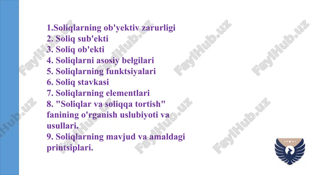 at soliq inspeksiyalari qatnashadi. o‘z faoliyatida barcha yuridik va jismoniy shaxslar soliq subyekti sifatida namoyon bo‘lmaydi. chunki, bu yerda soliqlardan batamom ozod etiluvchi yuridik va jismoniy shaxslar mavjudki, ular soliq subyekti sifatida soliq munosabatlarida ishtirok etmaydilar. 3 soliq obyekti — soliq to‘lovchining soliq hisoblanadigan va soliqqa tortish uchun asos bo‘lib xizmat qiladigan daromadi, oboroti va mol-mulki tushuniladi. soliq obyekti sifatida foyda yoki daromad, muayyan tovarlarning qiymati, yer maydoni, jismoniy va yuridik shaxslarning mulklari, tabiiy resurslardan foydalanish miqdori va boshqalar kiradi. soliq obyekti aslida jamiyatdagi mavjud moddiy va ma’- naviy boyliklarning ayrimlariga qonun yo‘li bilan ulardan foydalanuvchi, egalik qiluvchi va tasarruf qiluvchi soliq subyektlarining huquqlarini soliqqa tortishni ifodalaydi. shuni alohida qayd etish lozimki, soliqlarning belgilari borasida ham iqtisodchi olimlar tomonidan turli xil fikrlar mavjud. masalan, prof. q. yahyoev soliqlarni umumiy belgilari sifatida quyidagilarni asoslaydi. 1. soliqlar va yig‘imlar majburiy bo‘lib, bunda davlat soliq to‘lovchining bir qism daromadlarini majburiy badal sifatida byudjetga …