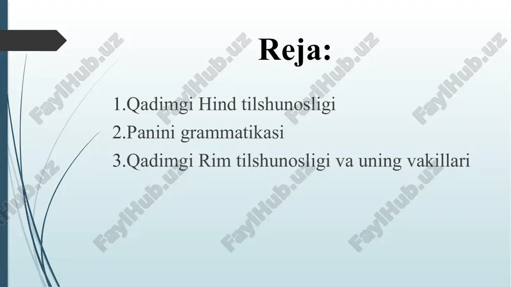 grammatikasi to‘rt mingga yaqin (3996 ta) qisqa va lo‘nda she’riy usulda yozilgan, osonlik bilan esda qoladigan qoida(sutr)larni o‘z ichiga oladi. panini grammatikasi sof empirik va tasviriy xarakterga ega bo‘lib, unda sanskrit (qisman veda) tilining fonetikasiga, morfologiyasiga, so‘z yasalishi va sintaksisiga oid fikrlar jamlangan. ushbu tadqiqot tili - undagi qoidalar nihoyatda ixcham va qisqa bo‘lganligi, asar tili o‘ziga xos terminologiyaga egaligi sababli panini tadqiqoti uzoq vaqtgacha yevropalik olimlarga tushunarli bo‘lmadi. birinchi bo‘lib asar mazmunini, undagi g‘oyani rus tilshunos olimi otto byotling izohlab berdi. panini o‘z davridayoq tilni sistema sifatida tushundi, so‘z turkumlarini farqladi, so‘z tarkibini o‘rgandi, o‘zak, qo‘shimcha, urg‘u, intonatsiya va boshqa hodisalar haqida ma’lumot berdi. qadimgi rim tilshunosligi qadimgi rim filologlarining tilshunoslik faniga qo‘shgan hissasi katta emas. rim grammatikasi yunon grammatikasining shoxobchasi sifatida maydonga keldi. iskandariya maktabida yaratilgan yunon tili grammatikasi qadimgi rimliklar tomonidan lotin tiliga tatbiq qilindi. yunon tilidagi deyarli barcha grammatik terminlar lotin tiliga o‘girildi. yunon tilshunosligidagi analogiya …