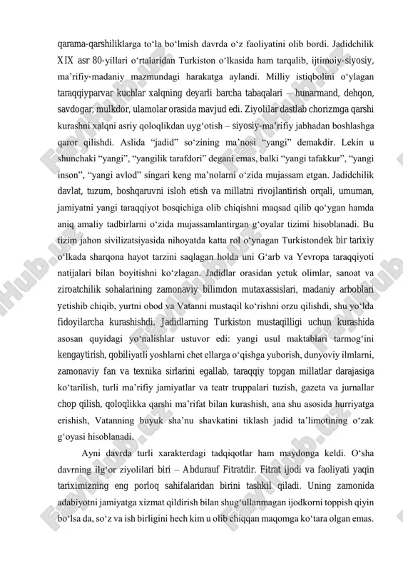 i asriy qoloqlikdan uyg‘otish – siyosiy-ma’rifiy jabhadan boshlashga qaror qilishdi. aslida “jadid” so‘zining ma’nosi “yangi” demakdir. lekin u shunchaki “yangi”, “yangilik tarafdori” degani emas, balki “yangi tafakkur”, “yangi inson”, “yangi avlod” singari keng ma’nolarni o‘zida mujassam etgan. jadidchilik davlat, tuzum, boshqaruvni isloh etish va millatni rivojlantirish orqali, umuman, jamiyatni yangi taraqqiyot bosqichiga olib chiqishni maqsad qilib qo‘ygan hamda aniq amaliy tadbirlarni o‘zida mujassamlantirgan g‘oyalar tizimi hisoblanadi. bu tizim jahon sivilizatsiyasida nihoyatda katta rol o‘ynagan turkistondek bir tarixiy o‘lkada sharqona hayot tarzini saqlagan holda uni g‘arb va yevropa taraqqiyoti natijalari bilan boyitishni ko‘zlagan. jadidlar orasidan yetuk olimlar, sanoat va ziroatchilik sohalarining zamonaviy bilimdon mutaxassislari, madaniy arboblari yetishib chiqib, yurtni obod va vatanni mustaqil ko‘rishni orzu qilishdi, shu yo‘lda fidoyilarcha kurashishdi. jadidlarning turkiston mustaqilligi uchun kurashida asosan quyidagi yo‘nalishlar ustuvor edi: yangi usul maktablari tarmog‘ini kengaytirish, qobiliyatli yoshlarni chet ellarga o‘qishga yuborish, dunyoviy ilmlarni, zamonaviy fan va texnika sirlarini egallab, taraqqiy topgan …