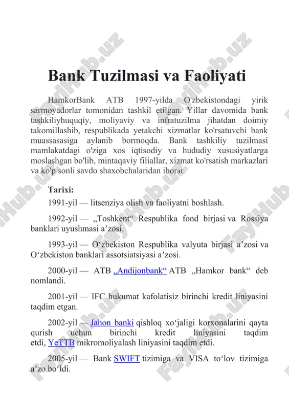 s " va " s&amp; p global ratings " bank reytinglarini yangiladi, reyting oʻzgarishlari — „ijobiy“. 2020-yil — oʻzbekiston ipoteka kreditlarini qayta moliyalash kompaniyasi bilan bosh shartnoma imzolandi. 2021-yilda bankning kredit portfeli 8 trillion soʻmdan oshdi. jahon tiklanish va taraqqiyot banki bilan 25 million aqsh dollari miqdorida kredit liniyasi ajratish boʻyicha kelishuv imzolandi. „hamkorbank“ atb rahbariyati „hamkorbank“ atb boshqaruvi raisi — ibragimov ikram ibragimovich. „hamkorbank“ atb boshqaruvi raisi — jurayev baxtiyerjon tuymuratovich. yutuqlar va sovrinlar · 2008-yil — yettbning oʻzbekistondagi savdoni moliyalashtirish dasturi doirasidagi eng faol bank sifatida eʼtirof etildi. · 2012-yil -bank oʻzbekistondagi „tezkor pochta“ pul oʻtkazmalari tizimining yetakchisi" nominatsiyasida gʻolib boʻldi. · 2013-yil — global finance jurnali hamkor bankni 2013-yilda osiyo mintaqasidagi rivojlanayotgan bozorlardagi eng yaxshi bank deb topdi. · 2013-yil — asian banking & finance jurnali hamkor bankni 2013-yilda oʻzbekistonda kichik va oʻrta biznes uchun eng yaxshi bank deb topdi. · 2014-yil -bankexpo-2014 koʻrgazmasida „xorijiy kredit liniyalarini …