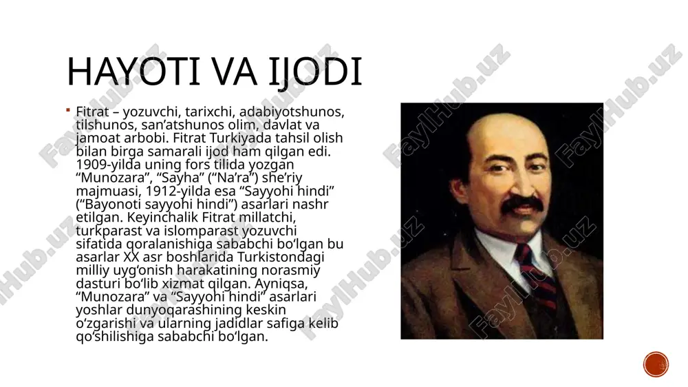 saviy” “chig‘atoy adabiyoti” “hibat ul haqoyiq” “xvi asrdan so’ngra o’zbek adabiyotiga umumiy bir qarash” “o’zbek shoiri turdi” “muhammad solih” “mashrab” “fors shoiri umar xayyom” “farhod va shirin” dostoni to’g’risida” foydalanilgan adabiyotlar 1. boltaboyev h. sharq mumtoz poetikasi. – toshkent: o‘zbekiston milliy ensiklopediyasi, 2008 2. boltaboyev h. fitrat va jadidchilik. – toshkent: alisher navoiy nomidagi o‘zbekiston milliy kutubxonasi, 2007. 3. boltaboyev h. fitratning ilmiy merosi. – toshkent, 1996 4. jo‘raqulov u. fitratning tadqiqotchilik mahorati. – toshkent, 2003. 5. abdurauf fitrat. adabiyot qoidalari. – toshkent, 1995. 6. qosimov b va boshq. milliy uyg‘onish davri o‘zbek adabiyoti. – toshkent: ma’naviyat, 2004. image4.png image3.png image5.jpeg image2.png /docprops/thumbnail.jpeg