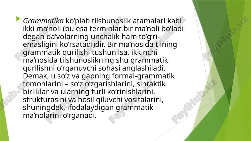 y o’zgarishlarga befarq bo’lib, unda faqat vaqt o’z izlarini qoldiradi. chunki yaqin yillarda tubdan o’zgarishga uchragan ijtimoiy hayotning ta’siri natijasida, masalan, o’zbek tilining morfologik strukturasi, sintaktik qurilishida o’zgarish kuzatilmaganligi buning yorqin dalilidir. lekin asrlar davomida bunday o’zgarishlar bo’lib turadi. masalan, eski o’zbek tilida –gu affiksi yordami bilan yasalgan ish otiga -m, -ng affikslarining qo’shilib, ushbu so’zning kesim ekanligini ko’rsatgan: men ko’rgum tipida. bu hozirgi o’zbek tilida kuzatilmaydi. ul, alar, andin, anda, ko’zun ko’rub (ko’zi bilan ko’rib) kabi qator so’zshakllar fikrimizning dalilidir. yoki eski o’zbek tilida bu sening, bu mening ko’rinishidagi sintaktik qurilma mavjud bo’lgan. u hozirgi kunda u bu seniki, bu meniki ko’rinishiga ega. so’zlar tarkibidagi affiksal morfemalarning vazifasiga ko’ra turlarini ajratish.morfemika so’zning nomustaqil tarkibiy qismlari haqidagi ta’limot. ma’lumki, o’zbek tilida, flektiv tillardagidan farqli o’laroq, o’zak mustaqil ma’no anglatish xususiyatiga ega. so’zning o’zakdan boshqa qismlari esa undan ayricha qo’llanmaydi va ma’no anglatmaydi. shuning uchun ular morfemalar deyiladi. masalan, paxtakorlarga so’zi …