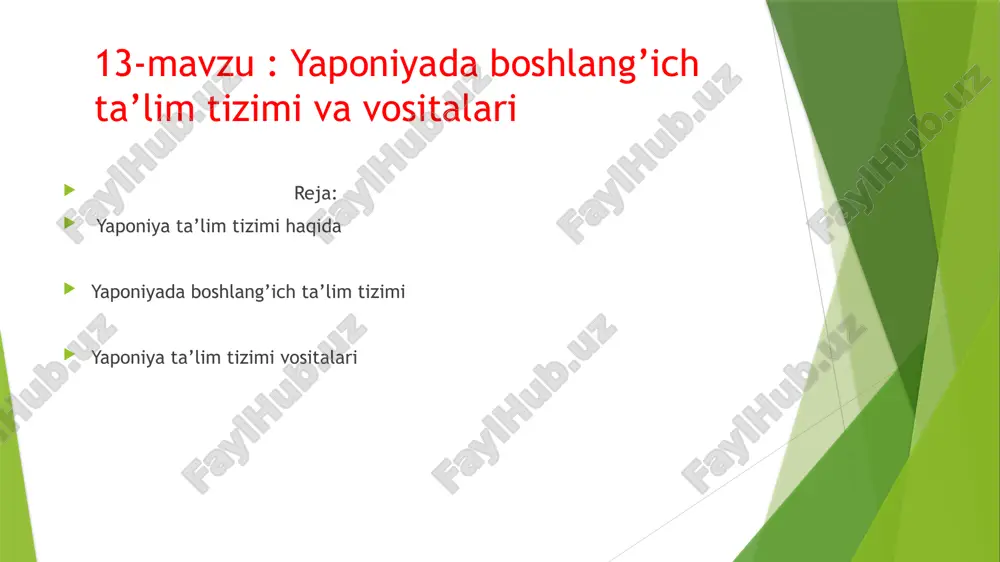 fatli g’arb ta’lim uslublari bilan uyg’unlashtirildi, 1890 yilga kelib ilgarigi 3-4 yillik boshlang’ich maktablar muntazam 4 yillikka aylantirildi va u bepul amalga oshirila boshlandi. 1908 yildan boshlab yaponiyada boshlang’ich ta’lim majburiy 6 yillikka aylantirildi. o’quv-tarbiya ishlari bepul amalga oshiriladigan bo’ldi. 1893 yildan e’tiboran yaponiyada kasb yo’nalishidagi dastlabki kollejlar paydo bo’la boshladi. ta’lim shaxobchalarining tarkibi hozirgi zamon yapon ta’lim tizimlarining tarkibi quyidagicha: bolalar bog’chalari, boshlang’ich maktab, kichik o’rta maktab, yuqori o’rta maktab, oliy ta’lim tizimlariga kiruvchi o’quv yurtlari. bu ta’lim bosqichlarining o’ziga xos jihatlarini birma-bir ko’rib chiqamiz. bolalar bog’chalari. ta’limning bu bosqichiga 3-5 yoshli bolalar qabul qilinadi. bolalar yosh xususiyatlariga muvofiq rashishda 3, 2, 1 yillik ta’lim kurslariga jalb qilinadilar. yaponiyada maktabgacha ta’lim muassasalarining 59,9 foizi xususiydir. 40,8 foizi esa munitsipial (tuman) kengashlari tasarrufida, qolgan 0,3 foizi davlatnikidir. yaponiyada bolaning an'anaviy tarbiyasida mavjud bo'lgan asosiy bosqichlar: "imperator" qadami. yaponiyada 5 yoshgacha bo'lgan bolalarni tarbiyalashda deyarli hamma narsaga ruxsat berilgan deb hisoblanadi. …