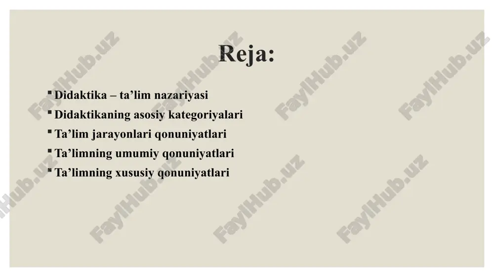’lim nazariyasi va amaliyotining rivojlanish darajasiga asoslaniladi; ta’limning sifati avvalgi bosqich mahsuldorligi va hozirgi bosqichda erishilgan natijalar; o‘rganilayotgan material xususiyati va hajmi; o'quvchilarga tashkiliy-pedagogik ta’sir ko'rsatish: o'quvchilaming bilim olishga qobiliyatlari va ta’lim vaqtiga bog’liq; ta’lim metodlari samaradorligi ta’lim maqsadiga; o'quvchilaming yoshi, ta’lim olish imkoniyatlariga; ta’lim muassasasining moddiy-texnik ta’minotiga bog’liq; ta’limni boshqarish samaradorligi ta’lim tizimida qayta aloqalarning intensivligi va korrektsiyaga, ta’sir ko'rsatishning asoslanganligiga bog’liq; ta’limda rag‘batlantirish samaradorligi ichki va tashqi stimullarning o'zaro uyg'unligiga bog’liq. ta’limning xususiy qonuniyatlari: gnoseologik psixologik ta’lim natijalari o'quvchilarning o'zlashtirish ko'nikmalariga; ta’lim samaradorligi o'quvchilarning o'quv faoliyati hajmiga; bilim va ko'nikmalarni o'zlashtirish samaradorligi ularning amalda qo’llanilishiga; o'quvchilarning aqliy rivojlanishi o‘zaro aloqador bilim, ko'nikma va malakalaring o'zlashtirilish hajmiga to'g'ridan to'g'ri bog’liq; ta’lim samaradorligi o'quvchilaming o'quv faoliyatiga qiziqishiga; fikrlash darajasi, kuchli, jadalligi va o'ziga xosligiga; xotiraning rivojlanganlik darajasiga; bilish faolligi darajasiga bevosita bog'liq; ta’limning xususiy qonuniyatlari: kibernetik: sotsiologik: ta’lim samaradorligi qayta aloqalaming tezligi va hajmiga; bilimlaming sifati nazoratning to‘g‘ri olib borilishiga; …