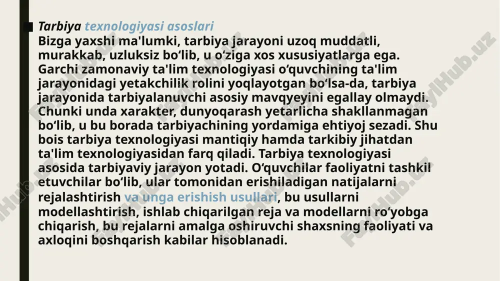 llatlararo madaniy munosabatlar, siyosiy madaniyat. 2. shaxsning ma'naviyatini shakllantirish. ma'naviyat — kishining ichki dunyosi bo‘lib, uning jamiyat va tabiatdagi «men»i, obrazi, taqdiri va rolini ifoda etadi. ma'naviyat darajasi — bu, ma'lum ma'noda, insoniylik mezonidir. ma'naviyatni shakllantirish— bu uning shaxsiy harakatlari, intilishlari, refleksiyasi bilan kishining ichki dunyosini vujudga keltirishdir. individuallik tabiat tuhfasi bo‘lib, uni rivojlantirish zarur. modomiki, inson jamiyatda yashar ekan, u jamiyatdagi axloq va huquq mezonlarini, ijtimoiy fikrlarni hurmat qilishi lozim. mehnatning aksariyat ko‘rinishlari uchun jamoa harakati zarur bo‘ladi. shu tufayli jamoaviylik ruhida tarbiyalash dolzarb masala bo‘lib hisoblanadi. ayni chog‘da individual tarbiya nihoyatda muhimdir, chunki bunga dastlab yetarlicha e'tibor berilmagan edi, hozir esa buni zamonaviy ijtimoiy-iqtisodiy o‘zgarishlar talab etmoqda. tarbiya tamoyillari — bu umumiy qoida bo‘lib, unda tarbiyaviy jarayonni tashkil qilish mazmuni, metodlari shakllariga bo‘lgan asosiy talablar aks etgan. ta'lim tamoyillaridan farqli ravishda ular o‘qituvchilar tomonidan tarbiyaviy vazifalarni hal etishda qo‘llaniladi. bu tamoyillarning asosiy jihatlari: majburiylik (uyg‘unlilik), teng ahamiyatlilik hisoblanadi. …
