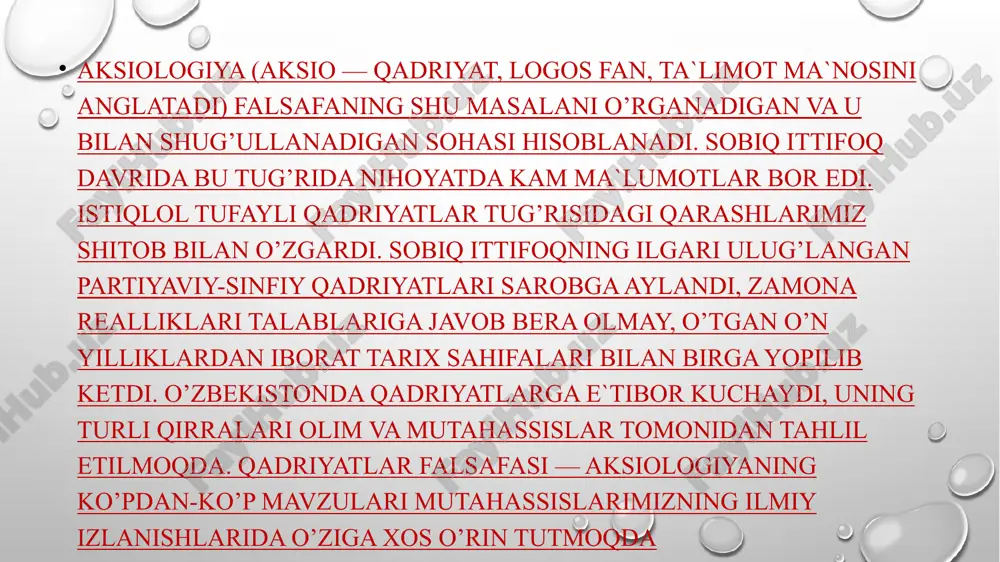 kllangani ham ularning bunday qarashlari uchun muayyan asos bo’ladi. biz suqrot va aflotun, arastu va hegellar katta e`tibor bergan bu mavzuning g’arb falsafasida o’z tarixiga ega ekanligiga shubha qilmaymiz nomlari civilizaciyamiz tarixiga abadiy bitilgan xorazmiy, forobiy, al-buhoriy, at-termiziy, beruniy, ibn sino, najmiddin kubro, yassaviy, naqshband, ulug’bek, navoiy, mashrab, bedil, behbudiy, avloniy kabi mutafakkirlar ijodida ham bu mavzuning izlari bor, teran qirralari ochilgan. gap ana shu izlarni izlab topishda, ularni unutmaslikda, sayqallab turishda, zamona realliklari nuqtai nazaridan holisona talqin qilishdadir. avlod va ajdodlarimiz yaratgan qadrlash mezonlarining tarixi eng qadimgi naqllar, rivoyatlar, afsona, hikoyat, dostonlarga, ya`ni halq og’zaki ijodi namunalariga borib taqaladi. spitamen, muqanna va jaloliddin manguberdi tug’risidagi asarlarda, alpomish, to’maris va shiroq tug’risidagi afsona va dostonlarda vatanparvarlik, halq va yurt ozodligi uchun fidoyilik kabi ko’plab umuminsoniy qadriyatlar tasvirlangan. ma`naviy merosimizning yorqin namunasi – «avesto» zardo’shtiylikning muqaddas kitobi bo’lganligidan, unda bu dinning qadriyatlar tizimi, qadrlash mezonlari, o’sha davrdagi milliy g’oyalar yorqin ifodalangan …