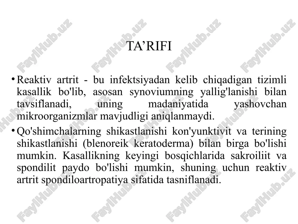 nechta bo'g'inlar ta'sirlanadi (oligoartrit), reaktiv artrit esa asosan pastki ekstremitalarning bo'g'imlari - tizza, oyoq bilagi zo'r, tarsal, metatarsofalangeal va interfalangeal shikastlanish bilan tavsiflanadi. kamroq, bilak va qo'l bo'g'imlari ta'sirlanadi. daktilit - rea belgisi entesopatiyalar mushaklar, tendonlar va ligamentlarning, ayniqsa axilles tendonining va plantar fastsiyasining tovon suyagiga biriktirilishida og'riq va qattiqlik bilan tavsiflanadi, bu ko'pincha yurish qiyinligiga olib keladi. eksenel skelet sakroiliitning rentgenologik belgilari surunkali reaktiv artritli bemorlarning taxminan 70% da topiladi. bir tomonlama sakroiliit xarakterlidir, ammo kasallikning keyingi bosqichlarida u ikki tomonlama bo'ladi. qo'shimcha ko'rsatmalar ko'z aseptik kon'yunktivit (60%) oldingi uveit (bir tomonlama) (20%) qo'shimcha ko'rsatmalar muko-teri halqali balanit (30%) blenorragik keratoderma (20%) tirnoq giperkeratozi (10%) og'riqsiz og'iz yaralari (25%) blennorragik keratoderma qo'shimcha ko'rsatmalar umumiy past darajali isitma ozish oshqozon-ichak yuqumli ileit (kolit) aseptik ileit (kolit) genitouriya yuqumli uretrit aseptik uretrit prostatit sistit salpingit kardial yurak bloklari (1%) aorta etishmovchiligi aortit (1%) perikardit boshqa neyropatiya iga nefropatiyasi buyrak amiloidozi tromboflebit …
