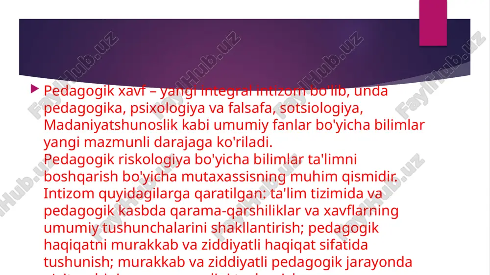 sh; * ta'lim muassasalari faoliyatining iqtisodiy va ijtimoiy-pedagogik modelini tanlash erkinligi; * davlat sektori doirasida elita ta'limi va faoliyat mexanizmlarini qayta tiklash; * xususiy ta'lim muassasalarining paydo bo'lishi; * analitik yondashuvlarni o'qituvchilarning professional tajribasi va ijodiy faoliyati bilan bog'lash. pedagogik xavf nazariyasini ishlab chiqish tadqiqotchilar tomonidan"inson faoliyati yomonlashuvi" deb nomlangan qarama-qarshilikni bartaraf etish bilan bog'liq bo'lib, u inson oldida turgan muammolarning murakkabligi va bu murakkablikni o'zlashtira olmasligi bilan bog'liq. pedagogik xavf nazariyasini ro'yxatdan o'tkazish zarurati o'qituvchilarning kasbiy faoliyatining kutilgan va haqiqiy natijalari o'rtasidagi mavjud qarama-qarshiliklar bilan bog'liq. ijtimoiy darajada, bu ziddiyat o'qituvchi oldida turgan vazifalarning murakkabligi va ularni hal qilish qobiliyati o'rtasida sezilarli farq bilan ifodalanadi. image1.jpeg /docprops/thumbnail.jpeg