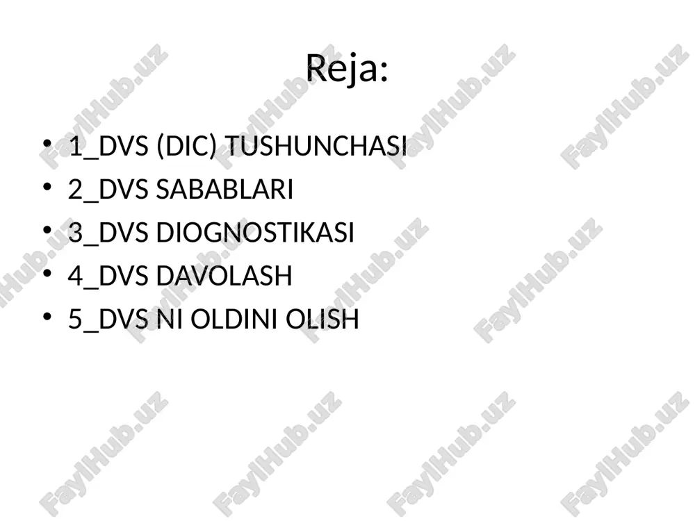 ar quyidagicha: o'ziga xos toshma; nekroz. boshqa alomatlar: nafas qisilishi; o'pka shishi; siydik ishlab chiqarishni buzish; o'tkir buyrak etishmovchiligi; nevrologik kasalliklar; ko'p qon ketish.‌‌ diagnostika tashxis qo'yishda klinik ko'rinish muhim rol o'ynaydi. ichki organlarning jiddiy shikastlanishi bilan tashxis aniq. ammo subakut va surunkali shakllarda alomatlar unchalik yorqin emas. klinik ko'rinishga qo'shimcha ravishda, klinik tadqiqotlar ma'lumotlari tashxis qo'yish uchun muhimdir: umumiy qon tekshiruvi; umumiy siydik tahlili; koagulogrammalar (qon ivish testi); qon smetasini tahlil qilish; ferment immunoassay (mumkin bo'lgan infektsiyalarni qidirish). ichki organlar ham zarar ko'rish uchun tekshiriladi. davolash dicni bostirish uchun birinchi navbatda uni keltirib chiqargan sababdan xalos bo'lishingiz kerak. dicni davolash uchun quyidagilar qo'llaniladi: antikoagulyantlar va antiplatelet agentlari (qon pıhtılarına qarshi kurashish uchun); qon quyish; plazmafarez; keng spektrli antienzimlar (qon ketishni to'xtatish uchun). oldini olish profilaktik choralar xavf guruhlarini aniqlash bilan bog'liq (antitrombin iii darajasi past bo'lgan odamlar, eritrotsitoz). xavf guruhiga surunkali kasalliklar (qandli diabet, pielonefrit va boshqalar), qariyalar va …