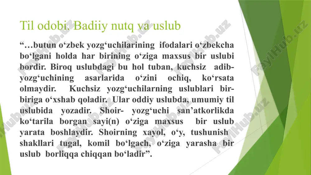 or” deb ko‘rsatadirkim, bu “turk uslubida yoza­dir” demakdan boshqa narsa emas. ovro‘pa san’atkorlarining-da ba’zi bir asarlarida ruhimizda yaqinlik sezilganda “bu sharq uslubiga yaqinla- shibdir” deb maqtaymiz. mana bular har millatning ayricha bir uslubi borligini ko‘rsatadir. o‘zimizning o‘zbek chig‘atoy adabiyotini olib qaraganda juda ochiq ko‘rinadirkim: navoyi, bobur, boyqarolar zamonidagi uslub bilan umarxon, fazliylar zamonidagi uslub bir emasdir. umarxon zamonining uslubi bilan muqimiy, avloniy zamonidagi uslub ham bu kungi yangi adabiyotimizning uslub boshqa-boshqa uslublardir. navoyi, bobur, boyqaroning uch g‘azalini bir yonda, botu, cho‘lpon, elbekning uch she’rini bir yonda qo‘yub qarasak, oralaridagi uslub boshqaligi ochiq ko‘rinadir. “demak, uslub zamon bilan o‘zgargani kabi shaxs bilan ham o‘zgaradir. hatto, yana biroz chuqurroq borib, bir kishining sochim-tizim yozganida ham uslubning o‘zgarib qolganini ko‘ramiz. navoyining uslubi tizimda hashamatli bir ohang bilan yuradir, sochimda esa og‘irlashib qoladir. yana bir oz ingichkaroq qaraganda, bir shoir uslubining asarning mavzusiga ko‘ra o‘zgarganini ham ko‘ramiz. navoyining “layli, majnun”idagi o‘ynab qaynagan uslubini uning …