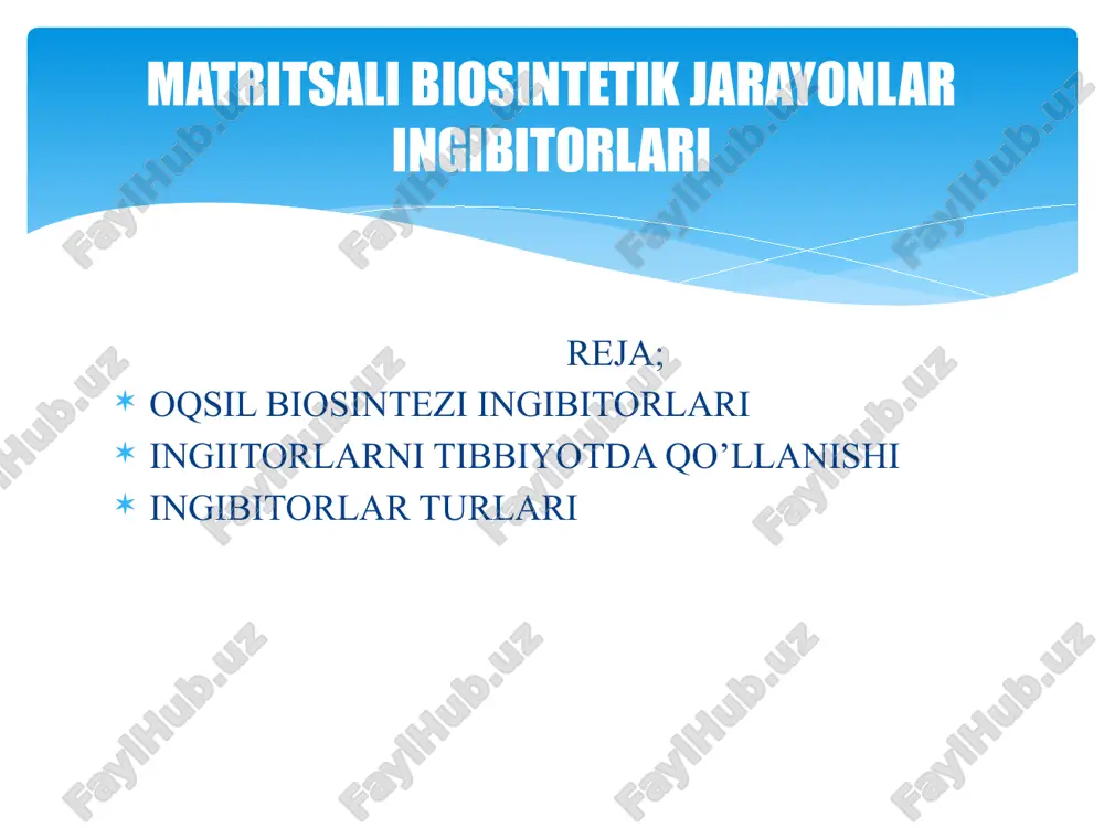 ni bloklaydi. antibiotiklar tasir mexanizmi eritromitsin-ribosomalarining 50s subbirligiga birikadi va translatsiyani bloklaydi. strptomitsin- translyatsiyaning initsiatsiyasini ingibirlaydi: ribosmalarning 30s subbirligi bilan bog’lanadi va m rnkda axborot o’qishda xatolik chiqaradi.7 antibiotiklar tasir maxanizmi matritsalisintetik jarayonlar ingibitorlari antibakterial tasir ko’rsatishi mumkin ,masalan : sil kasalligini davolashda rifampidindan foydalaniladi,ular faqat dnkga bog’liq rnk polimerazani ingibitrlaydi. antibiotik ta’sir mexanizmi e’tiboringiz uchun rahmat!!! image2.png image3.png image4.png image5.png image6.png /docprops/thumbnail.jpeg