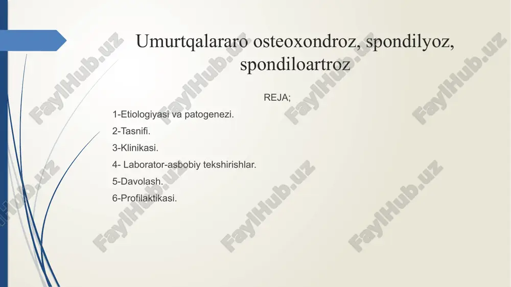 tebral nuqtalarda og'riqning mavjudligi, jismoniy zo'riqishdan keyin va uzoq vaqt bir xil holatda turganda uning kuchayishi xos. aksariyat bemorlarda spondiloartroz vegetativ, neyrodistrofik va tomir sindromlari (migren xurujlari, vertebrobazilyar yetishmovchiliklar, simpatalgiya, nevralgiya, kardial-giya, lyumbo-ishialgiya, radikulit) bilan kuzatiladi. umurtqa pog'onasi bo'yin qismi osteoxondrozi va spondilyozida turli kuchdagi va davomiylikdagi og'riq sindromi bilan birga bemorlarda bosh aylanishi, quloq shang'illashi, eshitish va ko'rish qobiliyatining pasayishi, ko'ngil aynishi, shikastlangan tomonda ko'z qorachig'ining kengayishi, qayt qilish, ayrim hollarda pay va periostal reflekslarning pasayishi aniqlanadi. klinikasi bemorlarda shikastlangan tomonda qo'lni immo- bilizatsiyasi, keyinchalik pay va fastiyada (qobiqlarda) tendinit, epikondilit, fastit, hatto kalkulezli kapsulit yoki bursit ko'rinishidagi degenerativ o'zgarishlar hamda ikkilamchi radikulyar sindrom bilan bir qatorda, harakat va trofikaning buzilishi rivojlanadi. umurtqa pog'onasi bo'yin qismi osteoxondrozi va spondilyo- zida shikastlangan sohadagi simpatik nerv tolalari qo'zg'alishi yoki mushaklarni reflektor spazmi sababli o'ng va chap qo'lda qon bosimi har xil bo'ladi. kasallikning kechki bosqichlarida yarim chiqishlar va spondilolistez, ya'ni umurtqa …