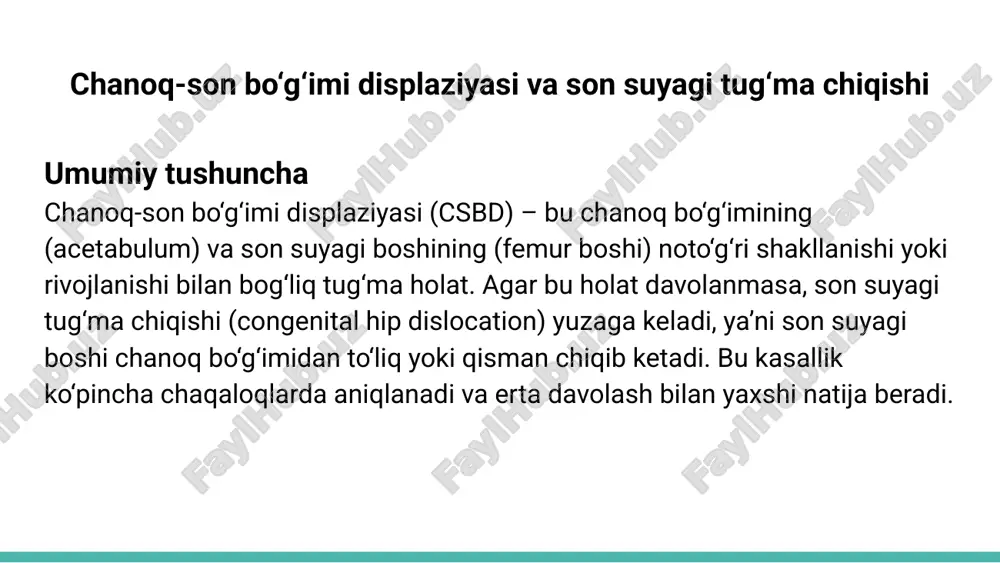 unligi farqi: bir oyoq qisqaroq ko‘rinadi (galeazzi belgisi). yurishdagi anomaliya: bola oqsaydi yoki “o‘rdak yurishi” (trendelenburg belgisi) paydo bo‘ladi. og‘riq: katta yoshda bo‘lsa, harakat paytida og‘riq seziladi. tashxislash csbd erta aniqlansa, davolash ancha samarali bo‘ladi. tashxis quyidagi usullar bilan qo‘yiladi: klinik tekshiruv: ortolani va barlow testlari chaqaloqlarda asosiy usul. ultratovush (uzi): 0-6 oylik chaqaloqlarda qo‘llaniladi, chunki suyaklar hali to‘liq ossifikatsiya qilinmagan. bo‘g‘im burchagi (alfa va beta burchaklari) o‘lchanadi. rentgen: 6 oydan keyin suyaklar aniqroq ko‘rinadi. acetabulum burchagi va son suyagi joylashuvi tekshiriladi (shenton chizig‘i buzilishi). kt yoki mrt: murakkab hollarda yumshoq to‘qimalar va suyak tuzilishini aniqlash uchun. davolash davolash yoshga, displaziya darajasiga va chiqish holatiga qarab farq qiladi: 1. konservativ davolash (operatsiyasiz): 0-6 oylik chaqaloqlar: pavlik bandaji: oyoqlarni yon tomonga ochiq holatda ushlab turadi (6-12 hafta davomida). frejka yostig‘i: bo‘g‘imni barqarorlashtirish uchun. fizioterapiya: mushaklarni mustahkamlash uchun engil mashqlar. muvaffaqiyat darajasi: agar erta boshlansa, 90% hollarda to‘liq tuzaladi. 2. jarrohlik davolash: …