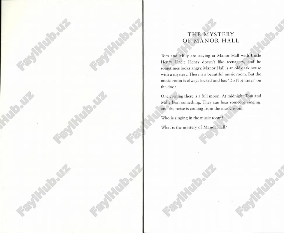 third party website referenced in thís work isbn: 978 o 19 478599 o a complete recording ofthis bookworms edition of themysteryofmanor hall is .150 available in an audio pack. isbn: 978 o 19478601 o printed in china word count (main text): ],390 words for more information on the oxford bookwonns library. visir www.oup.comjbookworms acknowledgements nlustrations by jéróme mireault, colagene.com contents story introduction the mystery of manar hall 1 glossary activities: before reading activities: while reading activitles: after reading 25 29 30 32 34 35 about the author about the bookworms llbrary ihe mysteryo. manor hall 'we don't want te;:>stay with uncle henry, mul11..' the boy with dark hair and blue eyes takes his mobile phone out of his pocket. 'grandma says he doesn't like teenagers.' his rnother shakes her head and tom looks out the window again. the car goes left. the sign on the gate says 'manor hall'. 'manor …