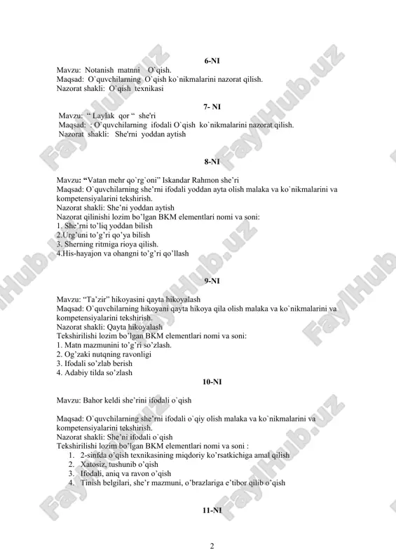 ’zlash. 2. og’zaki nutqning ravonligi 3. ifodali so’zlab berish 4. adabiy tilda so’zlash 10-ni mavzu: bahor keldi she’rini ifodali o`qish maqsad: o`quvchilarning she’rni ifodali o`qiy olish malaka va ko`nikmalarini va kompetensiyalarini tekshirish. nazorat shakli: she’ni ifodali o`qish tekshirilishi lozim bo’lgan bkm elementlari nomi va soni : 1. 2-sinfda o’qish texnikasining miqdoriy ko’rsatkichiga amal qilish 2. xatosiz, tushunib o’qish 3. ifodali, aniq va ravon o’qish 4. tinish belgilari, she’r mazmuni, o’brazlariga e’tibor qilib o’qish 11-ni mavzu: “karim chumolining tilini bilarkan” hikoyasi asosida bayon yozish maqsad: o`quvchilarning fikrlarini yozma bayon qila olish malakalarini va kompetensiyalarini tekshirish. nazorat shakli: bayon yozish reja: 1. bolalar dalaga dalaga chiqdilar. 2. karim gul tagidagi chumolilarni ko`rib qoldi. 3. karim nodiraga yomg`ir yog`adi dedi 12-ni mavzu: tansihatlik tuman boylik maqsad: kompetensiyalarning shakllanganligini aniqlash. nazorat shakli: matn mazmunini qayta hikoyalash . 13- ni mavzu: ertaklar - yaxshilikka yetaklar o`quv materiali: notanish matn maqsad: kompetensiyalarning shakllanganligini aniqlash. nazorat shakli: …