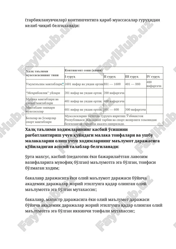 ali mutaxassis; bakalavr, magistr darajasiga yoki oliy ma'lumot darajasi bo'yicha akademik darajalar joriy etilgunga qadar olingan oliy ma'lumotga ega bo'lgan birinchi toifali mutaxassis; bakalavr, magistr darajasiga yoki oliy ma'lumot darajasi bo'yicha akademik darajalar joriy etilgunga qadar olingan oliy ma'lumotga ega bo'lgan oliy toifali mutaxassis. umumta'lim muassasalarining o'rta maxsus, kasbiy yoki oliy ma'lumotga ega bo'lmagan, mazkur nizom kuchga kirgan paytda pedagogik faoliyatni amalga oshirayotgan pedagog xodimlari uchun, ularning pedagogik tajribasini, shuningdek ular 2019-2020 o'quv yilida ma'lumot olish uchun tegishli o'quv muassasalariga o'qishga kirishlarini hisobga olgan holda, o'rta maxsus, kasbiy ma'lumotga ega bo'lgan tegishli lavozimdagi xodimning bazaviy tarif stavkasi singari bazaviy tarif stavkasi belgilanadi. oliy yoki o'rta maxsus, kasbiy ma'lumotga ega bo'lmagan shaxslarni umumta'lim muassasalariga pedagogik lavozimlarga qabul qilishga yo'l qo'yilmaydi. oliy ta'lim muassasasining kunduzgi bo'limi, sirtqi (maxsus sirtqi) va kechki (smenali) ta'limi oxirgi kursida o'qiyotgan shaxslar pedagoglik ishini amalga oshirish uchun qo'yilishi mumkin va ularga o'rta maxsus, kasbiy ma'lumotga ega bo'lgan …