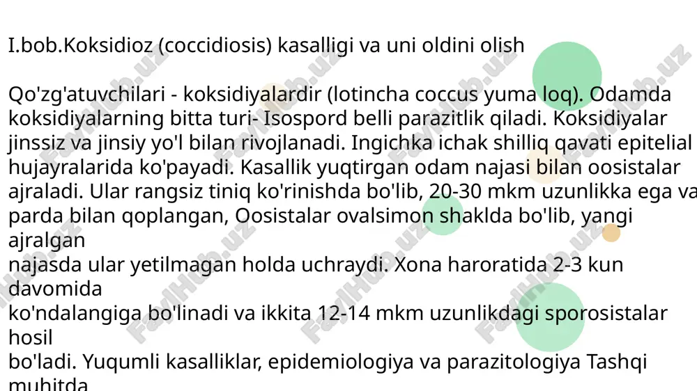 koksidiyalarning oosistalari najasni mikroskopiya qilganda va ba'zida bemorlarni duodenal zondlashda aniqlanadi. ularni aniqlash uchun boyitish usullaridan ham foydalaniladi 3 shuni esda tutish kerakki, kasallikning o'tkir shaklida oosistalar bo'lmaydi. ular najasda kasallikning 10-kunidan keyin, ya'ni sog'ayish bosqichida klinik belgilar pasayganda paydo bo'ladi. najas bu vaqtga kelib shakllangan holda bo'ladi va shuning uchun odatda uni laboratoriya usulida tekshirilmaydi. oosistalar topilganda fekaliyalar 2-3 kun davomida petri kosachalariga joylashtiriladi va unga natriy dixromatning 2% li eritmasi quyiladi. 4 keyingi mikroskopiya va yetilgan oosistalarning topilishi tashxis qo'yishda qo'zg'atuvchi turini aniqlash imkonini ham beradi. koksidioz profilaktikasi boshqa o'tkir ichak infeksiyalarining oldini olishga o'xshaydi. 5 business business ii.bob. 2.1 koksidiyasimonlar (coccidiomorpha) sinfi koksidiyasimonlar sinfi juda xilma-xil tuzilgan 2400 ga yaqin turni oʻz ichiga cladi. flar xil halqali chuvalchanglar, mollyuskalar, bo'g'imoyoqlilar va umurtqali hayvonlarda parazitlik qiladi. koksidiyasimonlar hujayra ichi tia parazitlik qilishi bilan gregarinalardan farq qiladi. ko'pchilik turlarin ing hayot sikli jinssiz va jinsiy ko'payish hamda sporogoniyaning qonuniy …