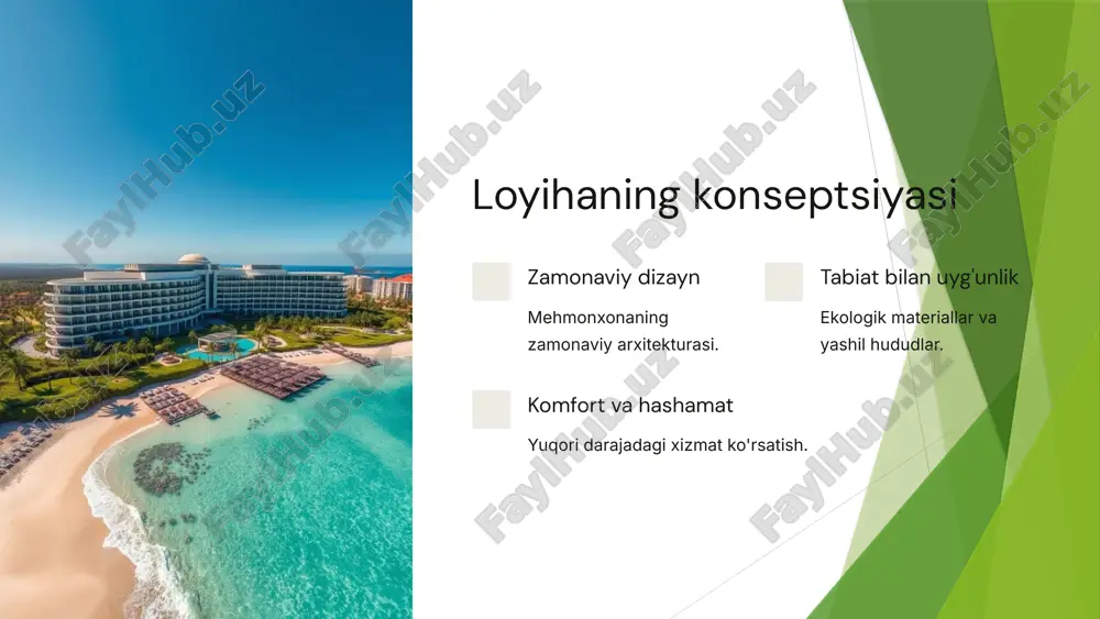 namik va geometrik shakllar ustunlik qiladi. panoramik oynalar mehmonxonaga tabiiy yorug‘lik tushishini ta’minlaydi va mehmonlarga ajoyib dengiz manzarasini taqdim etadi. ko‘p funksiyali led yoritish tizimi kechasi binoga futuristik ko‘rinish beradi. yashil texnologiyalar, jumladan quyosh panellari, yomg‘ir suvini yig‘ish tizimi va energiyani tejovchi texnologiyalar qo‘llanilgan. eksteryer infinity hovuz, palmalar va dam olish hududlari bilan to‘ldirilgan. marketing strategiyasi 30% target auditoriya ulushi 50% brending va pozitsiyalash 20% onlayn marketing 8 ichki dizayn va arxitektura lobbysi va qabulxona minimalist va texnologik dizayn asosida yaratilgan bo‘lib, keng va yorqin makonga ega. qabulxona shisha devorlar orqali tabiiy yorug‘lik bilan ta’minlanadi, mehmonlarni kutib olish uchun raqamli ekranlar va avtomatlashtirilgan xizmat tizimi o‘rnatilgan. ichki makonda beton, shisha va metall kombinatsiyasida ishlangan materiallar ishlatilgan, ranglar asosan oq, kulrang va qora ohanglarda. o‘rindiqlar va dam olish hududlari zamonaviy va qulay mebellar bilan jihozlangan. mehmonxona xonalari aqlli boshqaruv tizimi bilan jihozlangan bo‘lib, yoritish, harorat va pardalar mobil ilova yoki ovozli …