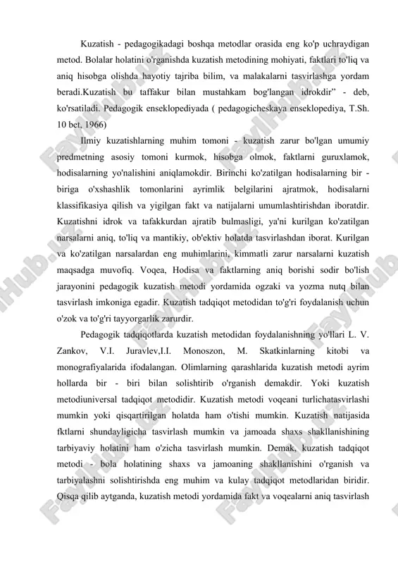 ada shaxs shakllanishining tarbiyaviy holatini ham o'zicha tasvirlash mumkin. demak, kuzatish tadqiqot metodi - bola holatining shaxs va jamoaning shakllanishini o'rganish va tarbiyalashni solishtirishda eng muhim va kulay tadqiqot metodlaridan biridir. qisqa qilib aytganda, kuzatish metodi yordamida fakt va voqealarni aniq tasvirlash mumkin va ayrim apparatlar hodisa va faktlarning ichki psixik jarayonini sodir bo'lishi sabablarini hisoblab berish mumkin. fanda kuzatish metodining bir necha turlari mavjud. ilmiy xodim voqea va hodisalarni qanday holatda o'rganishga karab ularni keraklilarini tanlaydi. adabiyotlarda pedagogik jarayonda kuzatishning ob'ekti haqida material yoritilgan. refleksologiyaning vakillari kuzatish ob'ekti deb stimul va reaksiyani oladilar. (masalan, o'qituvchining so'zi stimul, o'quvchining javobi esa reaksiya) hozirgi sharoitda pedagogik kuzatishning № 1 ob'ekti deb, bola faoliyatini karamokda. bu faoliyat faqat bola atrofini urab to'rgan voqealik bulib bola uni karab turmasdan balki o'rganadi. masalan, o'rtoqlari va boshqa odamlar, jumladan katta kishilardan faoliyat harakteri unga munosabati, faoliyat jarayoni munosabati-pedagogik kuzatishning asosiy ob'ekti hisoblanadi. pedagogik kuzatishning muhim …