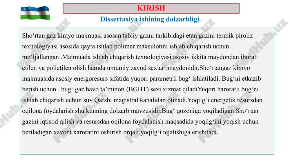 anoat korxonasiga qarashli kompressor qurilmasi gaz turbina qurilmalarida ishlatib bo‘lingan gaz issiqligi yordamida qo‘llanish samaradorligini asoslash hisoblanadi. sanoatning istiqbolli rivojlanish yo‘nalishlaridan biri chiqindisiz ishlab chiqarish texnologiyalarini yaratishdan iborat. olinayotgan energiyadan ishga tushirish va texnologik jarayonning uzluksiligini ta’minlash uchun zahiralash maqsadlarida ishlatish mumkin bo‘ladi. kompressor stansiyasidagi gaz turbinasidan keyingi yuqori haroratli tutun gazini utilizasiya qilish orqali issiqlik ta’minoti uchun stansiya yuklamasini qoplash potensial issiqlik tashlanmasidan ikkilamchi energiya manbasi sifatida foydalanib bug‘ qozoni uchun ishlatilayotgan energetik yoqilg‘ini tejash issiqlik tashlanmasini utilizasiya qilish orqali ekologik muammoni stansiyadan chiqayotgan issiq haroratni pasaytirish orqali ekologik muammoni bartaraf etish. ilmiy ishning yangiligi sanoatda qo’llaniladigan bug’ qozonlarini issiqlik samaradorligini oshirish , yoqilg’i tejamkorligiga erishish maqsadida regenerativ havo qizdirgichlar keng qo’llaniladi.ushbu bitiruv malakaviy ishida ko’rsatilgan regenerativ havo isitgich uskunasini bug’ yordamida havo isitilishi yoritilgan bo’lib amaliyotda qo’llash yoqilg’i energetik resursini tejash uchun xizmat qilinishini ilmiy tadqiqot qilinanligi. dissertatsiya ishining nazariy va amaliy ahamiyati. hozirgi vaqtda energiyaning taraqqiy etish …