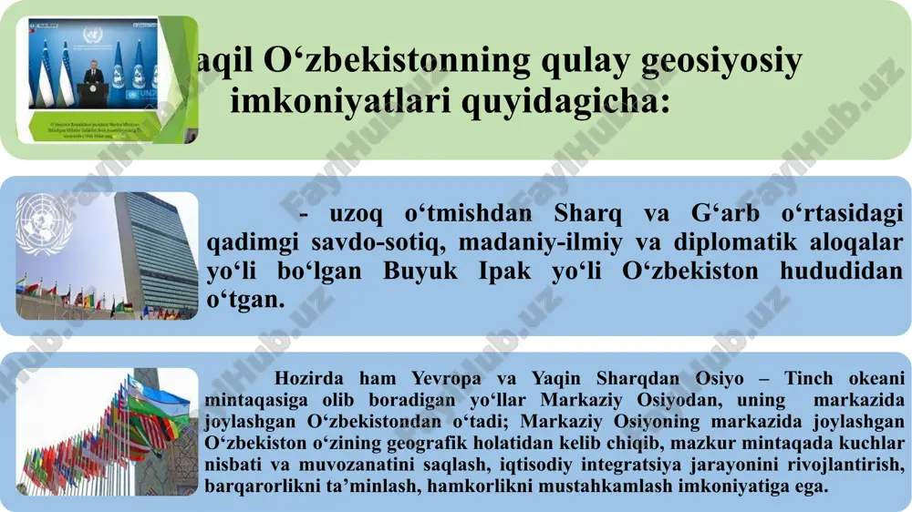 hamkorlikni mustahkamlash imkoniyatiga ega. mustaqil o‘zbekistonning qulay geosiyosiy imkoniyatlari quyidagicha: o‘zbekiston bugungi kunda qo‘shni davlatlar – qozog‘iston, qirg‘iziston, tojikiston, turkmaniston va afg‘oniston o‘rtasida bog‘lovchi halqa vazifasini o‘tab kelmoqda. o‘zbekiston va jahon hamjamiyati. hozirda xalqaro hamjamiyat mustaqil o‘zbekiston diplomatiyasining markaziy osiyodagi mavqeyi, mintaqa xavfsizligini ta’minlashdagi o‘rni alohida ekanini tan olmoqda. o‘zbekiston tashqi siyosatining ma’naviy yo‘nalishi, insonparvarlik, oshkoralik, qadr-qimmat, o‘z imkoniyatlariga tayanish va insoniyatning yagona oilasida o‘z taraqqiyot yo‘liga ega bo‘lishdir. shu bois istiqlol yillarida mamlakatimiz 133 davlat bilan rasmiy diplomatik munosabatlar o‘rnatgan, toshkentda 45 ta xorijiy davlatning elchixonalari, 9 ta faxriy konsullik, 11 ta xalqaro tashkilotlarning vakolatxonalari faoliyat olib bormoqda. o‘zbekiston va bmt 1992 yil 2 martda jahondagi eng nufuzli xalqaro tashkilot - birlashgan millatlar tashkilotiga qabul qilindi. mamlakatimiz birinchi prezidenti i.karimovning bmt bosh assambleyasining 1993 yilda bo‘lgan 48-sessiyasida ishtirok etishi va unda 27 sentabrda qilgan ma’ruzasi o‘zbekistonni jahonga qo‘hna va yosh navqiron davlat sifatida namoyon etdi. o‘zbekiston va bmt 1993 …