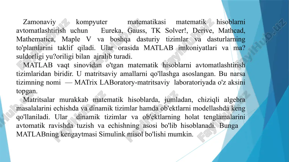 uchun pc matlab tizimini tayyorlagan. keyinchalik matlab tizimini kengaytirish uchun matematika, dasturlash va tabiiy fanlar bo'yicha jahondagi eng yirik ilmiy markazlar jalb qilingan. hozirgi vaqtda tizimning eng yangi versiyasiyalari matlab-6 va matlab-7 mavjud. matlab tizimining vazifasi har xil turdagi masalalarni echishda foydalanuvchilarni an'anaviy dasturlash tillariga nisbatan afzalliklarga ega bo'lgan va imkoniyatlari keng modellash vositalari bilan ta'minlashdir. matlabning imkoniyatlari juda keng. undan hisoblashlarni bajarish va modellash uchun fan va texnikaning har qanday sohasida foydalanish mumkin. matlab asosan quyidagi vazifalarni bajarish uchun ishlatiladi: matematik hisoblashlar; algoritmlarni yaratish; modellash; ma'lumotlarni tahlil qilish, tadqiq qilish va vizuallashtirish; ilmiy va injenerlik grafikasi; ilovalarni ishlab chiqish va boshqalar. kuchli dasturlash vositalari ko'plab matematik tizimlar foydalanuvchi dasturlash bilan amalda shug`ullanmasdan o'z masalalarini echishi uchun mo'ljallab yaratilgan. lekin bunday yo'nalish boshlanishidanoq o'z kamchiliklariga ega ekanligi, umuman olganda, xato ekanligi ravshan edi. haqiqatdan ham, ko'plab masalalar algoritmlarni yozishni soddalashtiruvchi va algoritmlarni yaratishning yangi usullarini beruvchi rivojlangan dasturlash vositalarini talab …