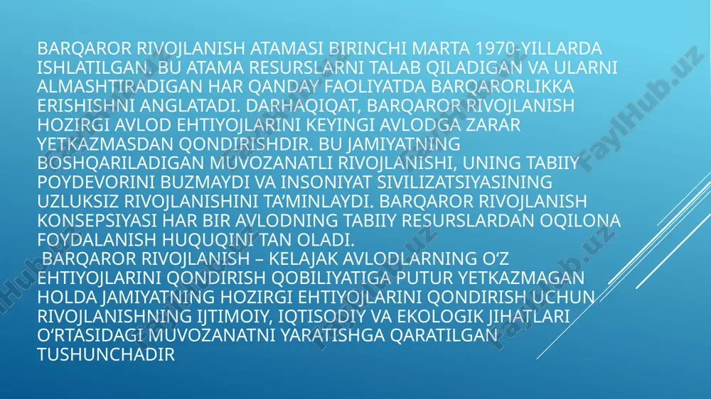 rgi va kelajakda biologik tizimlarning buzilishi, atrof-muhitning ifloslanishi, iqlim o‘zgarishi, aholining haddan tashqari ko‘payishi, adolatsizlik va inson hayotining yomon sifatining oldini olish uchun ijtimoiy-iqtisodiy qonuniyatlarga yechim taklif qiladi. shunday qilib, barqarorlik - sifat va mavjud imkoniyatlar vaqt o‘tishi bilan pasaymaydigan va ekotizimlar cheksiz kelajakda resurslarni qisqartirmasdan yoki haddan tashqari ekspluatatsiya qilmasdan ishlashga qodir bo‘lgan vaziyatdir. “barqarorlik - bu amalga oshirilsa, ijtimoiy va tabiiy tizimlar birgalikda va salbiy ta’siri sezilmaydigan tarzda ishlaydigan vaziyatdir.” ekologik barqarorlik muammosi 1972 yilda stokgolmda bo‘lib o‘tgan “inson muhiti va iqtisodiy tahdidlar” bo‘yicha bmt konferentsiyasida to‘g‘ridan-to‘g‘ri e’lon qilindi. birlashgan millatlar tashkilotining atrof-muhit va rivojlanish bo‘yicha ikkinchi yirik konferentsiyasi, shuningdek, yer sammiti sifatida ham tanilgan, 1992 yil boshida braziliyaning rio-de-janeyro shahrida bo‘lib o‘tdi shu munosabat bilan 2000 yilda bmt bosh assambleyasi eng yirik sammitga guvoh bo‘lib, unda u mingyillik deklaratsiyasini ishlab chiqdi va tasdiqladi. dunyoning 189 davlati ishtirokidagi sammitda bildirilgan g‘oyalar orasida ekologik barqarorlikni kafolatini ajratib ko‘rsatish mumkin. …