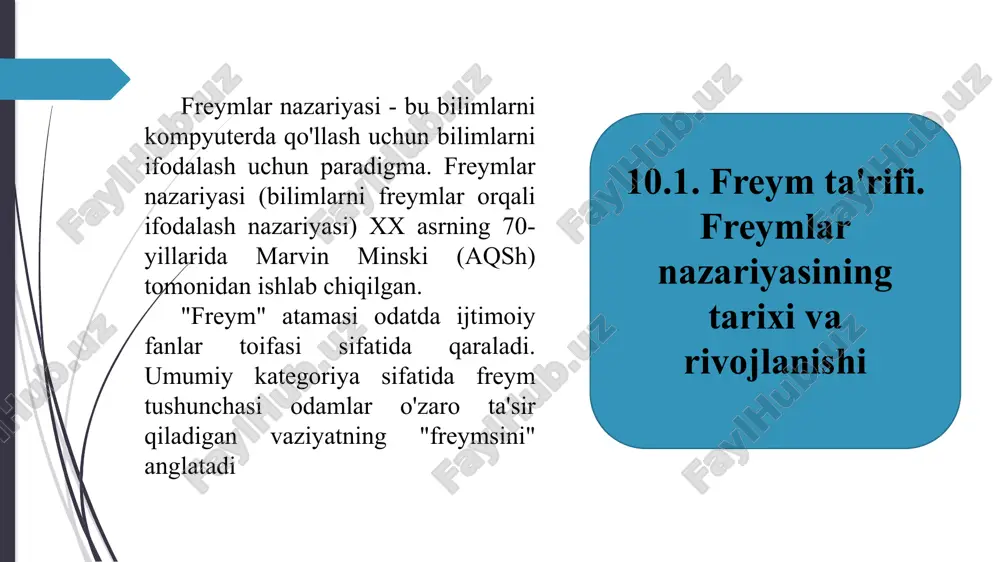 osnove analiza biznes-protsessov (konspekt lektsii). accessed 04/02/2021 https://waksoft.susu.ru/2021/02/04/prinyatie-upravlencheskih-reshenij-na-osnove-analiza-biznes-proczessov-konspekt-lekczii/ taxminlarga ko'ra, "freym" atamasi birinchi marta ingliz-amerikalik olim g. beytson (1904-1980) tomonidan kiritilgan [2, b. 2–3]. g. beytson o‘z tadqiqotida psixologiya nuqtai nazaridan “freym”ni tavsiflagan bo‘lsa, keyinchalik amerikalik sotsiolog i. xoffman g. beytsonning “xabar – o‘yin” asarini olib, bu atamaga sotsiologik xususiyat bergan. ” (1956). bunday freym psixologiya nuqtai nazaridan katta ahamiyatga ega bo'lib, u ma'lum bir mavhumlik (assotsiatsiya) rolini o'ynaydi. ushbu nuqtai nazarni qo'llab-quvvatlash uchun lingvistik assotsiativ klaster tuzildi va turli yoshdagi - 21 yoshdan 60 yoshgacha bo'lgan odamlar o'rtasida abstraktsiyalarni (assotsiatsiyalarni) aniqlash uchun tahlil qilindi. assotsiativ tahlil namunasi sifatida “markaziy osiyo” freymsidan foydalanildi. tinglovchilar sifatida chelyabinsk davlat universiteti talabalari va o‘qituvchilari tanlandi. tadqiqot davomida olingan assotsiatsiyalar ma'lum toifalarga guruhlangan. ushbu toifalar "markaziy osiyo" freymsining "slotlari"ni ifodalaydi. "freym" atamasi tarixi 10.2. freym tuzilishi. freym komponentlari, komponentlar orasidagi rollar va munosabatlar freym modelini qurish insonning bilimlarini ifodalash kontseptsiyasiga, uning xotirasini va qaror …