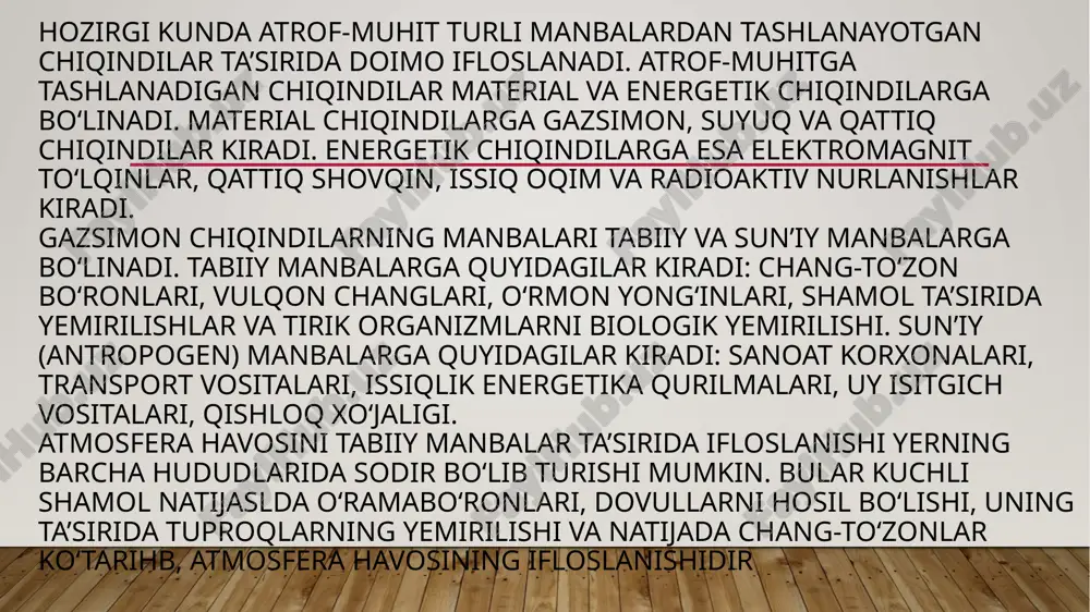 lib turadi. bunda asosan tutun gazlari, karbonat angidridi, metan kabi gazlar hosil bo‘lib, atrof- muhitga tashlanadi va atmosfera havosini ifloslanishiga sababchi bo'ladi. oxirgi o‘n yillar ichida sun’iy manbalar ta’sirida atmosfera havosining ifloslanishi global xarakterga ega bo‘ldi va o‘zining ko‘lami bo‘yicha shu kunlarda tabiiy ifloslanishdan oshib borayapti. aholi sonining oshib borishi o‘z yo‘lida sanoat korxonalarini, transport vositalarini ham oshishiga olib keladi.bundan tashqari sanoat korxonalarini energiya bilan ta’minlash uchun issiqlik energetika qurilmalarining soni ham oshib boradi. bu o‘z yo‘lida atmosfera havosiga oltingugurt angidridi, azot oksidlari, uglerod oksidlari, vodorod sulfid, uglevodorod gazlari, xlororganik gazlar, ko‘plab mayda qattiq zarralar ko‘rinishidagi turli chang chiqindilari kabi tashlamalarni ko‘plab hosil bo‘lishiga va ularni atrof-muhitga tashlanishiga sababchi bo‘ladi. qishloq xo‘jaligi tarmog‘idan esa o‘ziga xos chiqindi gazlar atmosfera havosiga tashlanadi. bularga turli chang tashlamalari (paxta, kanop, donli ekinlar va shu kabi), chirindi gazlari, ammiak, azotli birikmalaming bug‘lari kiradi. suyuq chiqindilarga asosan ifloslangan oqova suv ko‘rinishidagi chiqindilar kirib, ularning manbalariga …