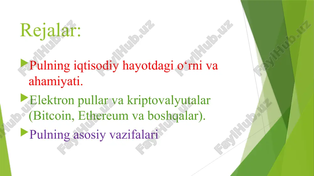 i ta'minlaydi. pul va iqtisodiy o‘sish pul iqtisodiy o‘sish uchun muhim vositadir, chunki u investitsiyalarni rag'batlantiradi va iqtisodiy faoliyatni kuchaytiradi. investitsiyalar oshgan sari, ishlab chiqarish quvvatlari kengayadi, bu esa yangi ish o'rinlari va iqtisodiy o'sishga olib keladi. shuningdek, pul iste'molni rag'batlantiradi, bu esa talabni oshirib, ishlab chiqarishni ko'paytiradi va iqtisodiy o‘sishni ta'minlaydi. statistik ma'lumotlarga ko'ra, pul massasi va iqtisodiy o‘sish o'rtasida ijobiy bog'liqlik mavjud, bu esa pul siyosatining ahamiyatini ko'rsatadi. pul va inflyatsiya inflyatsiya darajasi va pul massasi o'rtasidagi munosabatlar, pulni ko'paytirish inflyatsiyaga olib kelishi mumkin, bu esa iqtisodiy o'sishni sekinlashtiradi. inflyatsiya va pul o'rtasidagi bog'liqlik shuni ko'rsatadiki, pul miqdori oshganida narxlar ham ortadi. bu holat iqtisodiy barqarorlikni tahdid qiladi. shuning uchun, iqtisodiy siyosatda inflyatsiyani nazorat qilish muhim ahamiyatga ega, chunki bu iqtisodiy barqarorlikni saqlashga yordam beradi. inflyatsiya iqtisodiy o'sishga ta'sir qiladi, chunki inflyatsiya xarajatlarni oshiradi va investitsiyalarni kamaytiradi, bu esa o'sishga salbiy ta'sir ko'rsatadi. pulning iqtisodiy barqarorlikdagi o‘rni monetarnaya …