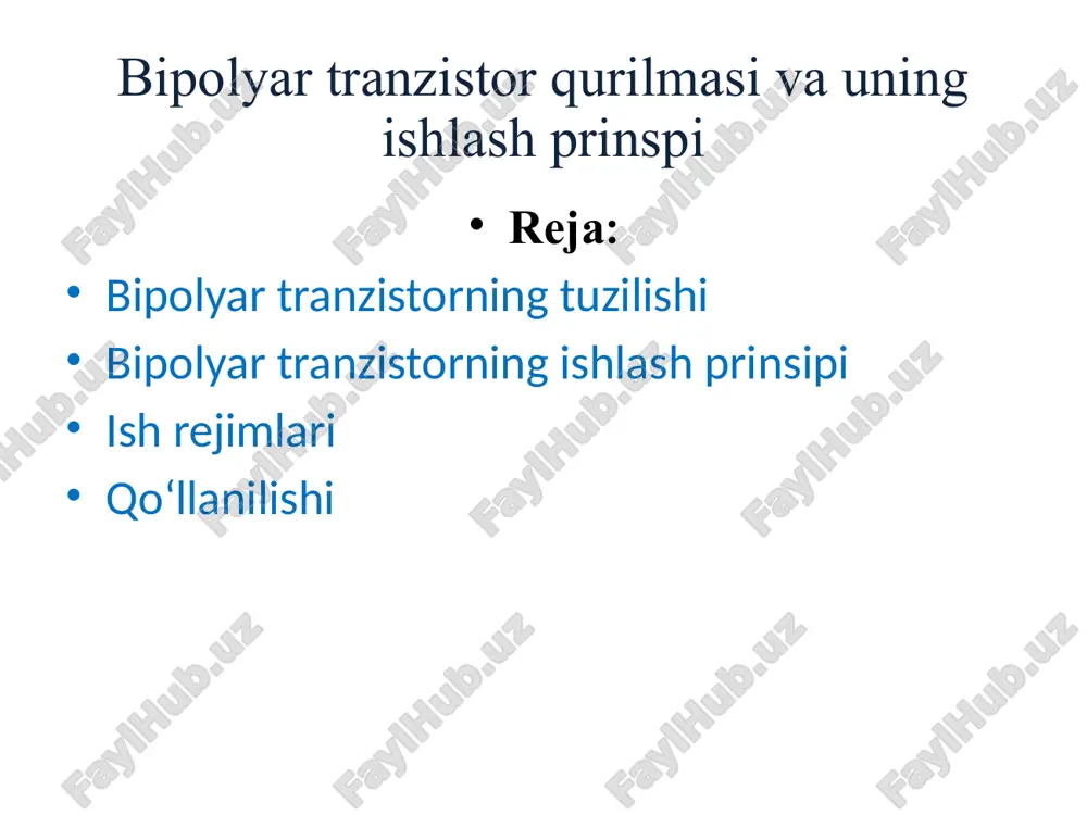 hilar (elektronlar yoki teshiklar)ning harakati muhim ahamiyatga ega. emitter-baza o‘tish zonasi emitter va baza orasidagi o‘tish zonasi oldingi yo‘nalishda ulangan bo‘ladi (pnp uchun p → n yoki npn uchun n → p). bu zona orqali katta miqdordagi zaryad tashuvchilar (elektronlar yoki teshiklar) bazaga o‘tadi. baza-kollektor o‘tish zonasi baza va kollektor orasidagi o‘tish zonasi orqa yo‘nalishda ulangan bo‘ladi (pnp uchun n → p yoki npn uchun p → n). baza qatlamining ingichkaligi sababli, emitterdan kelgan zaryadlarning aksariyati kollektorga yetib boradi. baza-kollektor o‘tish zonasi emitter-baza o‘tish zonasi tokning boshqarilishi bazaga berilgan kichik signal emitter va kollektordan o‘tadigan tokni boshqaradi. shu sababli, baza orqali o‘tadigan kichik tok emitter va kollektordan o‘tadigan katta tokni boshqarish imkonini beradi. ish rejimlari bipolyar tranzistorning ishlashi to‘rtta asosiy rejimda amalga oshiriladi: aktiv rejim, teshilish rejimi, to‘yinish rejimi, invers rejim. aktiv rejim-bunday ish rejimida tranzistorning emmitor-baza (emmitor) o‘tishiga to‘g’ri, baza-kollektor (kollektor) o‘tishiga teskari kuchlanish beriladi. xususiyatlari:tranzistor signalni kuchaytirish uchun …