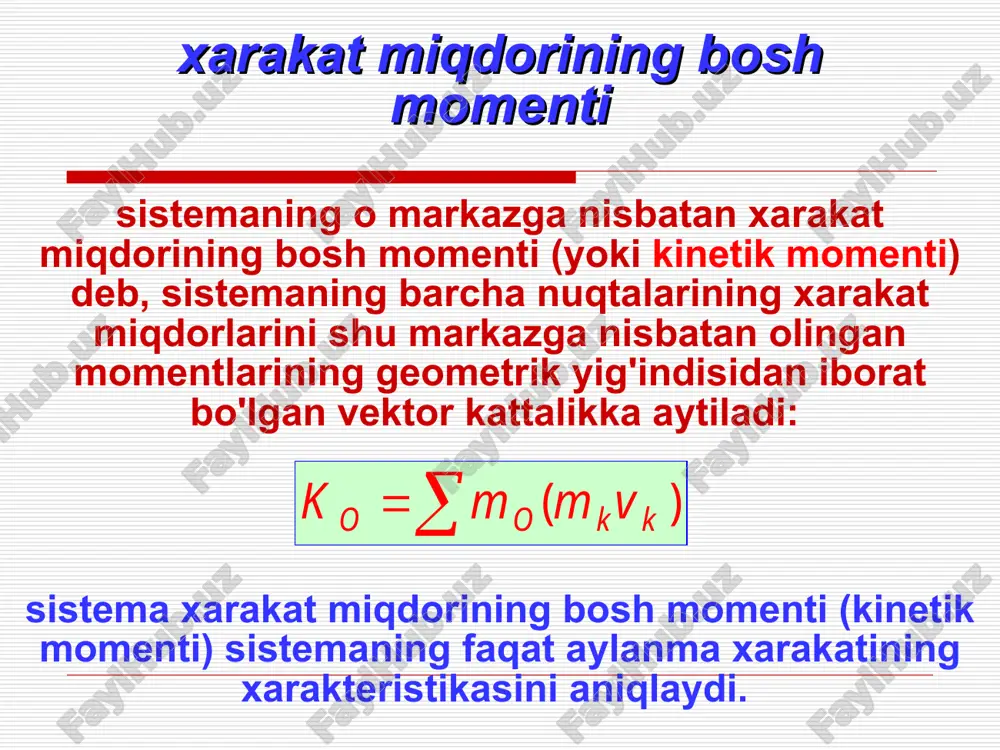 etuvchi barcha tashqi kuchlarning o markazga nisbatan momentlarining yig'indisi nolga teng bo'lsin, u xolda demak, agar sistemaga ta'sir etuvchi barcha tashqi kuchlarning biror markazga nisbatan momentlarining yig'indisi nolga teng bo'lsa, sistema xarakat miqdorining shu nuqtaga nisbatan olingan bosh momenti xam son qiymati bo'yicha, xam yo'nalishi bo'yicha o'zgarmas bo'lar ekan. 2. sistemaga ta'sir etuvchi tashqi kuchlarning biror z o'qqa bo'lgan rroektsiyalarining yiig'indisi nolga teng bo'lsa, u xolda kinetik momentning saqlanish qonuni sistemaga ta'sir etuvchi barcha tashqi kuchlarning o markazga nisbatan momentlarining yig'indisi nolga teng bo'lsin, u xolda bundan, 1) sistema o'zgarmas (absolyut qattiq jism) bo'lsa, va ya'ni qo'zg'almas o'qqa o'rnatilgan qattiq jism, o'zgarmas burchakli tezlik bilan aylanma xarakat qilali. 2) sistema o'zgaruvchan bo'lsa, u xolla ichki (yoki tashqi) kuchlar ta'sirila, uning ayrim nuqtalari o'qlan uzoqlashishi natijasila jz - ning qiymati ortishi mumkin yoki yaqinlashishi natijasila jz - kamayishi mumkin. lekin, mexanik sistema muvozanatining zaruriy sharti bu isbotlangan ikki teoremadan, ixtiyoriy mexanik …