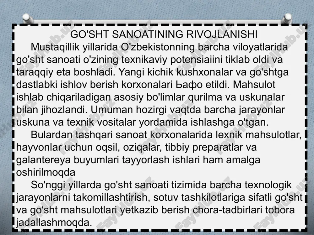 kalta va yo'g'on, boshi kichik va yumaloq, bo'yni yo'g'on va kalta, juni yaltiroq va birmuncha mayin hamda kamharakat bo'ladi. bunday zotlar respublikamizda nihoyatda kam tarqalgan bo'lib, ular atigi 5-6% ni tashkil etadi. jumladan, qozoqi oqbosh, qalmoqi, santa-gerdruda, aberdin-angus, gereford kabi zotlar bunga misol bo'la oladi. go'shtdor zotli sigirlar sog'ilmaydi, chunki ularning suti nihoyatda oz bo'lib, o'z buzog'ini boqish uchun sarflanadi. aks holda uning yosh buzog'i o'smay, yaxshi rivojlanmay qolishi mumkin. mollarning semizlik darajasini aniqlash. mollarni semirtirish jarayonida moy to'plamlari hayvon tanasining ayrim qismlarida yig'ila boshlaydi. bulardan tashqari ular keng miqyosda yuqori sifatli oziq-ovqat mahsulotini tayyorlab berish, texnik mahsulot yetishtirish va hayvonlar uchun to'la qiymatli oziqa ishlab chiqarish imkoniga ega. go'sht korxonalaridagi ishlab chiqarish bo'limlari, asosan, quyi-dagilardan iborat: - hayvonlarni so'yishdan oldin saqlash bo'limi; - so'yish va terini shilish, yoki tanaga ishlov berish bo'limi (bunga yog'-moy, teri va ichak bo'limi va hayvon go'sht mahsulotlarini qayta ishlash bo'limlari kiradi); - kalla-pocha mahsulotlarini …