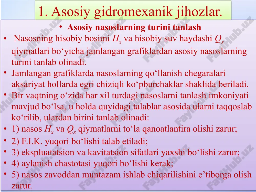 kompensatorlar o‘rnatiladi. 2. naporli, suv uzatgich quvurlari soni va ularning diametrlari. 4 bosimli truboprovodning iqtisodiy maqbul diametrini tanlash image1.jpeg image2.jpeg image3.emf image4.jpeg image5.emf image6.emf image7.emf image8.emf image9.emf image10.emf yuqoridagi formulalar bilan topilgan / x h va / x q qiymatlarga to‘g‘ri keluvchi v nuqta ko‘rilayotgan nasosning qo‘llanish chegarasiga tushsa, u holda shu nasosni qabul qilinadi va xarakteristikasi n e -standart aylanish chastotasiga dinamik o‘xshashlik formulalaridan foydalanib qayta hisoblanadival. agarda topilgan v nuqta ko‘rilayotgangan nasosning egri chiziqli ko‘pburchagiga tushmasa, u holda yuqoridagi hisoblash ishlari a nuqtaga yaqinroq boshqa nasoslar uchun ham qayta bajarib ko‘riladi. tanlangan nasos hisobiy n x va q x qiymatlarni qanoatlantira olmasa, ya’ni ishchi nuqta a nasosning bosim xarakteristikasini 3%- li chegarasidan tashqarida joylashsa, uning xarakteristikalari quyidagi usullardan foydalanib qayta hisoblab ko‘riladi: 1) aylanish chastotasini o‘zgartirish usuli; 2) ishchi g‘ildiragini yo‘nish usuli (faqat markazdan qochma nasoslarda qo‘llaniladi); 3) umumlashtirilgan usul; 4) andozalash /modellash/ usuli. truboprovod sonini tanlash bosimli …