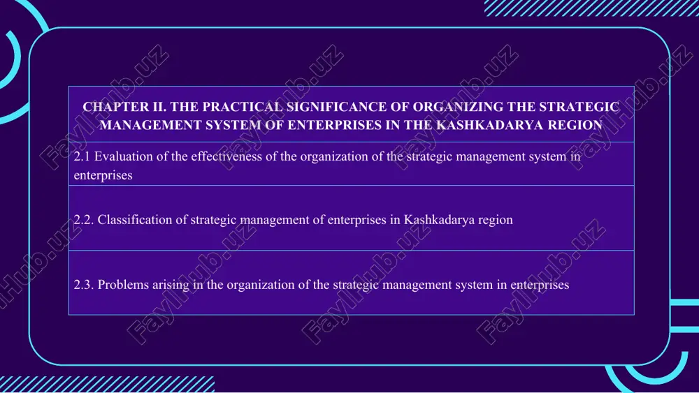 the effective operation strategik boshqaruvning besh vazifasi. 2.1 evaluation of the effectiveness of the organization of the strategic management system in enterprises there are a number of criteria and indicators for evaluating the effectiveness of the strategic management system in enterprises. these indicators are analyzed taking into account internal and external factors. 1. evaluation based on financial indicators: net profit and profitability indicators net profit: the net profit of the company shows the successful operation of strategic management profitability: the profitability of a business (such as return on assets or return on equity) is important in measuring the effectiveness of strategic management. b. debt level debt level: the level of indebtedness of the enterprise (indicating the ratio of debt to equity) is also an important factor in evaluating the efficiency of management. if the level of debt is too high, it can weaken the financial position of the company and …