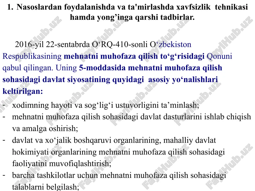ladi. avariya oqibati natijasiga va uning murakkabligiga ko’ra joriy yoki kapital ta’mirlash ishlari rejadan tashqari bajariladi. bunda avariyaning sababini va aybdorlar aniqlanadi va bu haqida dalolatnoma tuziladi. joriy ta’mirlash ishlari joriy ta’mirlashda ns ning inshootlari va jihozlarini ishchi holatida saqlash (kichik shikastlanish va nuqsonlarni tuzatish) ishlari bajariladi. nasoslar joriy ta’mirlashda: podshibniklarning moy vannalari yuviladi, moyi almashtiriladi, salniklar rostlanadi, poydevor boltlari tozalanadi, ish g’ildiragi va podshibniklar ko’zdan kechiriladi, vallarning o’qdoshligi tekshiriladi, salnik tiqini almashtiriladi va hokoza. joriy profilaktik ta’mir pul va natural ko’rsatkichlarda rejalashtiriladi hamda texnik raxbar va korxona bosh muhandisi tasdiqlagan reja-grafik bo’yicha bajariladi. kapital ta’mirlash meliorativ ns larda kapital ta’mirlash ishlari suv iste’mol grafigining nol ko’rsatkichli (ishlatilmaydigan) davrida amalga oshiriladi. kapital tamirlangan jihoz yangi jihozga qo’yiladian texnik talabga javob berishi kerak. kapital ta’mirlashda agregat qismlarining barchasi yoki ko’pchiligi to’liq demontaj qilinadi. kapital ta’mirlashda joriy ta’mirlashdagi barcha ishlar bajariladi, agregatning yeyilgan detallari bo’laklari yangisiga almashtiriladi. rejalashtirilgan kapital ta’mirlash agregatni ta’mirga …