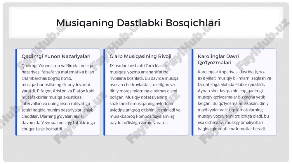 tilida, ibodat marosimlarining bir qismi sifatida kuylangan va maʼnaviy muhitni yaratishda muhim rol oʻynagan. nota yozuvining rivojlanishi: xi asrda musiqiy nota yozuvi sezilarli darajada rivojlandi. guido d'arezzo kabi shaxslar zamonaviy notatsiya tizimining asosini yaratdilar, bu esa musiqani aniqroq yozish va saqlash imkonini berdi. notre-dame maktabi parijda polifoniya (koʻp ovozli musiqa) va ritmika sohasida chuqur tadqiqotlar olib bordi, bu esa keyingi musiqiy rivojlanish uchun asos boʻldi. troubadour va trouvère madaniyati: janubiy fransiyada troubadourlar, shimoliy fransiyada esa trouvèrelar madaniyati gullab-yashnadi. bu shoir-musiqachilar dunyoviy mavzularda, sevgi, qahramonlik va ritsarlik haqida qoʻshiqlar yaratdilar. ular oʻz asarlarini saroylar va zodagonlar oldida ijro etib, musiqaning diniy doiradan tashqariga chiqishiga hissa qoʻshdilar. ularning ijodi oʻrta asrlar sekulyar musiqasining yorqin sahifasini tashkil etadi. musiqiy nazariyaning chuqurlashishi: bu davrda musiqashunoslik faqat amaliyot bilan cheklanib qolmadi, balki nazariy tahlil ham kengaydi. musiqiy traktatlar va risolar yozilib, ular musiqa tuzilishi, garmoniya qoidalari va ijro etish usullarini tizimlashtirdi. bu jarayon musiqani sanʼat …