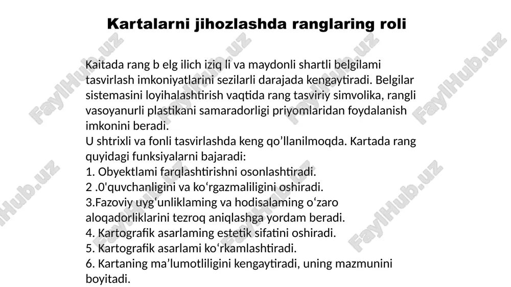 rafik kartalarda esa, aralash ranglar qatoridan foydalaniladi. unda o‘rmonlar, joyning relyefi, gidrografik elementlarining xarakterli sifati bo‘yicha beriladi. rang va yorug‘lik rang haqida. kartalami jihozlashda asosiy tasvirlovchi vosita qilib, rang olingan. geografik kartalarda tasvirlash xususiyatlarini to‘g‘ri va ilmiy jihatdan asoslab beruvchi rangning ta’siriga uchta asosiy aspekt bo4yicha qaraladi. 1. fizik. 2. fiziologik. 3. psixologik. 1 - aspekt bo‘yicha - nurlanish energiyasi. 2- aspekt bo‘yicha qaralganda, rang energiyasining ko'zning asab organlariga ta’siri. 3 - aspekt bo‘yicha qaralganda, rangning sezilishi, qabul qilinishi. rangni mukammal o‘rganadigan fan bu rangshunoslik hisoblanadi. bizning kursimizda esa ranglar faqat kartalami jihozlash loyihasini tuzish masalalarida ko'riladi. yorugiikning miqdori va sifati ko‘zga ta’sir qilganda, predmetlaming shakli, rangi, hajmi haqida fikr yuritilib, uning fazoviy yo‘nalishi ifodalaniladi. yorug‘lik spektrining ozgina qismi ko‘rinadigan nurlardan iborat. spektrda 7 xil asosiy rang shartli ravishda ajratilgan. aslida esa inson ko‘zi spektrdagi juda ko‘p oraliq ranglami sezadi. bunday sezish subyektiv holatda bo‘lib, tadqiqotlar natijasidan olingan ma’lumotlar shuni …
