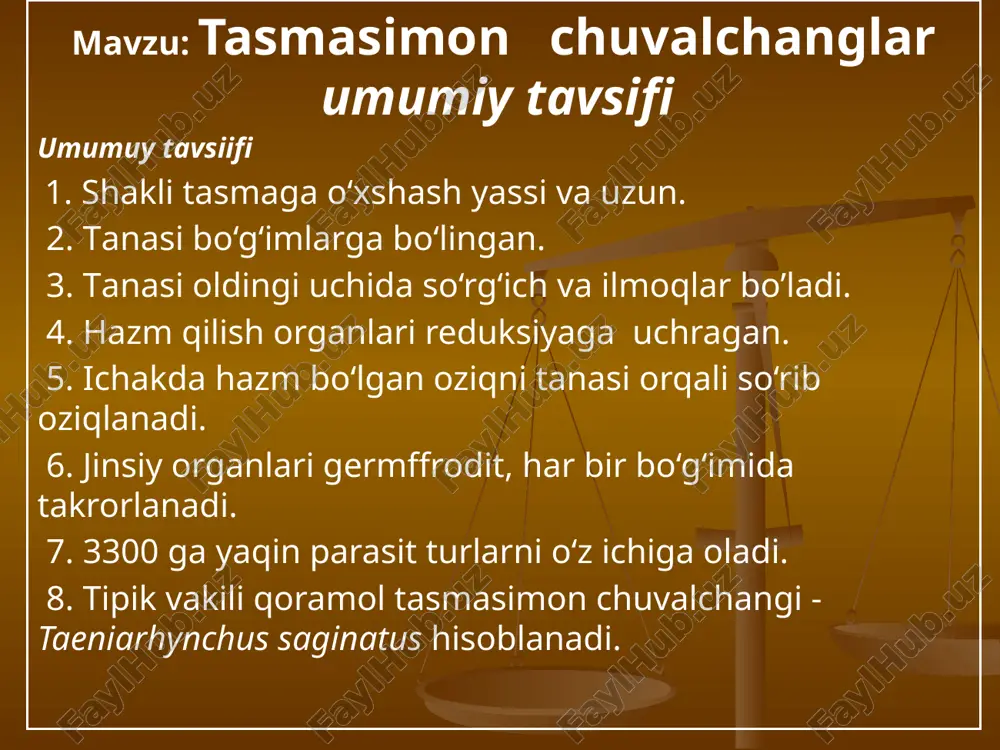 tipga tuxum yo’li va sarig’don ochiladi; undan bachadon boshlanadi. 6. jinsiy qin urug’ yo’li bilan tutashgan. tuxum ootipda urug’lanib sariqlikka boyiydi, bachadonga o’tiib etiladi. qoramol tasmasimoni germafrodit bo’g’i rivojlanishi 1.odam qoramol tasmasimoni asosiy, qoramol- oraliq xo‘jayini. 2.yetilgan bo’g’imlar tanadan uzilib, ichakdan chiqib ketadi. 4.har bir bo‘g‘imda 175000 tagacha tuxum etiladi. 5.tashqi muhitda tuxum ichida olti ilmoqli lichinka rivojlanadi. 6. tuxumlar yem- xashak bilan qoramollar ichagiga tushganida ulardan oltita ilmoqli lichinkalar onkosferalar chiqadi. 7.lichinkalar ichakdan qon tomirlariga o’tib, qon oqimi bilan muskullar va jigarga moshdek pufakcha- finna hosil qiladi. 8.finnada luchinkaning so‘rg‘ichli boshchasi bo’ladi. 9. finna tasmasimon chuvalchanglar yuqumli davri hisoblanadi. 10.odam yaxshi pishirmagan finnali go‘sht orqali yuqtiradi. 11.odam ichagida finnadan chiqqan lichinka so’rg’ichlari yordamida ichak devoriga yopishib olib, rivojlana boshlaydi. exinokokk- exinococcus granulosus. 1. tanasi 5-6 mm, bosh va uchta jinsiy bo‘g‘imdan iborat. 2. bo’g’imlardan biri yetilmagan, ikkinchisi-germafrodit, uchin-chisi tuxumlar bilan to’lgan yetilgan deyiladi. 3. voyaga yetgan exinokokk it, bo‘ri, …