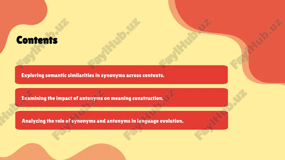uch as starting a conversation or starting a game. recognizing these nuances aids in selecting the most fitting word based on the situation. 1 2 4 antonyms and meaning construction antonyms are words that have opposite meanings. they play a crucial role in language by providing contrast, helping to clarify meanings in communication. role in meaning construction: understanding antonyms is essential for grasping the full spectrum of language. they enrich vocabulary and enhance comprehension by illustrating how words relate to one another. for instance, knowing the antonym of a word allows one to understand its meaning in context. examples: common antonym pairs include 'hot' and 'cold,' 'light' and 'dark,' and 'happy' and 'sad.' these examples demonstrate how antonyms can shape our understanding of concepts and provide depth to our language use. types of antonyms and their effects graded antonyms- a word pairs whose meanings are opposite and which lie on …