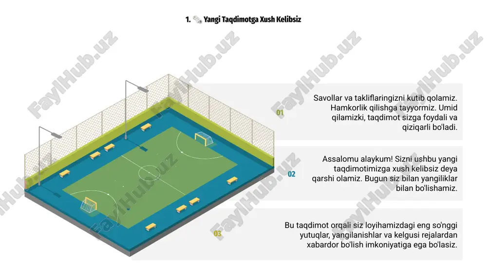 g muvaffaqiyatli tatbiqlari asosiy o‘rin egallaydi. 01 03 02 5. kelajakdagi rejalar kelajakdagi rejalarimiz doirasida kompaniyamiz innovatsion texnologiyalarni joriy etish orqali bozordagi raqobatbardoshligini oshirishga qaratilgan strategiyalarni ishlab chiqmoqda. kelgusida yetuk mutaxassislarni jalb qilish, malaka oshirish kurslarini tashkil etish va kadrlar salohiyatini rivojlantirish asosiy ustuvor yo’nalishlardan biri hisoblanadi. shuningdek, yangi mahsulot liniyasini ishlab chiqish, xalqaro bozorga chiqish va mijozlar ehtiyojini qondirish maqsadida xizmatlarimizni diversifikatsiya qilamiz. 02 01 03 6. jamoa a'zolari 01 02 04 6. jamoa a'zolari slaydi sizni ajoyib professional jamoamiz bilan tanishtiradi. har bir a'zo o'z sohasida tajribali mutaxassis hisoblanadi. ular turli sohalarda faoliyat yuritadi: marketing, texnologiya, dizayn va boshqaruv. jamoaviy ish samaradorlik va kreativlikni oshirishda muhim ahamiyat kasb etadi. ushbu jamoa g'oyalarni hayotga tatbiq etishda va strategik maqsadlarga erishishda o'z bilim hamda tajribalari bilan katta hissa qo‘shadi. 7. foydalanuvchi foydasi 01 yangi taqdimotda foydalanuvchi uchun ko‘plab qulayliklar yaratildi, ayniqsa foydalanishni soddalashtirishga alohida e’tibor qaratilgan. platforma yanada qulaylashtirildi. interfeys …