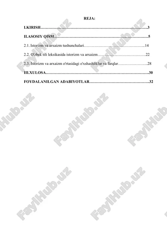 noslikda dolzarb masalalardan biridir. istorizm va arxaizmni o‘rganish o‘zbek tilining tarixiy jarayonlarini, boshqa tillar bilan aloqalarini va leksik tizimdagi o‘zgarishlarni yaxshiroq tushunishga yordam beradi. maqsad: ushbu kurs ishining asosiy maqsadi o‘zbek tili leksikasida istorizm va arxaizm tushunchalarini o‘rganish va ularning tilshunoslikdagi ahamiyatini aniqlashdan iborat. vazifalar: 1. istorizm va arxaizm tushunchalarining nazariy asoslarini tahlil qilish: istorizm va arxaizmning o‘ziga xos xususiyatlari va tilda qanday shakllanganligi haqida ilmiy tahlil. 2. o‘zbek tili leksikasidagi istorizm va arxaizmni o‘rganish: bu leksik birliklarning tarixiy va madaniy kontekstdagi o‘rnini va rivojlanish jarayonini tahlil qilish. 3. istorizm va arxaizmning leksik va semantik xususiyatlarini aniqlash: ularning ma’nosi, ishlatilish joylari va til tizimidagi o‘rni. 4. arxaizm va istorizmlarning o‘zbek tilidagi ijtimoiy va madaniy ta’sirini aniqlash: bu leksik birliklarning o‘zbek tilining rivojlanishidagi roli va ularning xalq tilidagi o‘rni. 5. o‘zbek tilining zamonaviy holatidagi istorizm va arxaizmni tahlil qilish: bugungi kunda istorizm va arxaiizmning holati, ularga bo‘lgan yondashuvlar va ularning zamonaviy …