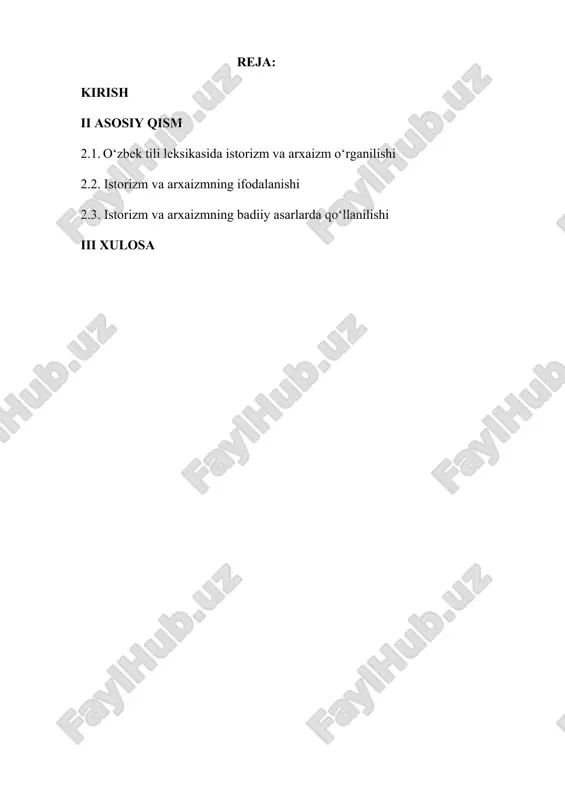 qa tillar bilan aloqalarini va leksik tizimdagi o‘zgarishlarni yaxshiroq tushunishga yordam beradi. maqsad: ushbu kurs ishining asosiy maqsadi o‘zbek tili leksikasida istorizm va arxaizm tushunchalarini o‘rganish va ularning tilshunoslikka tadbiq qilish. vazifalar: 1. istorizm va arxaizm tushunchalarining nazariy asoslarini tahlil qilish: istorizm va arxaizmning o‘ziga xos xususiyatlari va tilda qanday shakllanganligi haqida ilmiy tahlil. 2. o‘zbek tili leksikasidagi istorizm va arxaizmni o‘rganish: bu leksik birliklarning tarixiy va madaniy kontekstdagi o‘rnini va rivojlanish jarayonini tahlil qilish. 3. istorizm va arxaizmning leksik va semantik xususiyatlarini aniqlash: ularning ma’nosi, ishlatilish joylari va til tizimidagi o‘rni. 4. arxaizm va istorizmlarning o‘zbek tilidagi ijtimoiy va madaniy ta’sirini aniqlash: bu leksik birliklarning o‘zbek tilining rivojlanishidagi roli va ularning xalq tilidagi o‘rni. 5. o‘zbek tilining zamonaviy holatidagi istorizm va arxaizmni tahlil qilish: bugungi kunda istorizm va arxaizmning holati, ularga bo‘lgan yondashuvlar va ularning zamonaviy tilda qanday ishlatilishi. obyekt: o‘zbek tili leksikasida istorizm va axraizm tushunchalarining mavjudligi va …