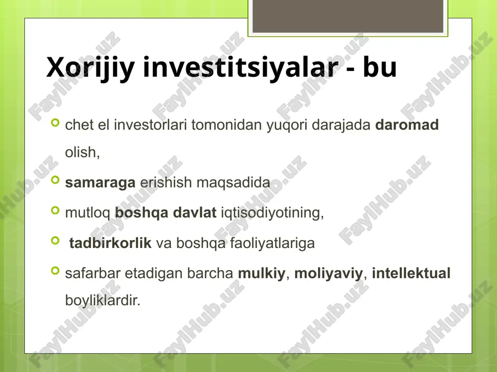 ususiy sektorni va kichik biznesni qo‘llab-quvvatlash); -bandlik darajasini ushlab turish siyosatini olib borish va boshqalar. moliyalashtirish manbalari bo`yicha asosiy kapitalga investitsiyalar andijon andijon misolida, 2020 –yil 1- yanvar holatida investitsiya muhiti eng avvalo quyidagi iqtisodiy omillar orqali belgilanadi: tabiiy shart-sharoitlar, shu jumladan foydali qazilmalar zaxiralari, ishchi kuchi malakasi va o‘rtacha ish haqi darajasi, iqtisodiy konyunktura holati, ichki bozor sig‘imi hamda tovarlarni tashqi bozorda sotish imkoniyatlari, kredit tizimi holati, soliqqa tortish darajasi, ishlab chiqarish va ijtimoiy infratuzilmaning rivojlanganligi, xorijiy kapitalga nisbatan davlat siyosati, unga nisbatan imtiyozli shart-sharoitlarning belgilanganligi va h.k. asosiy kapitalga investitsiyalarning eng yuqori ko`rsatkich to`g`ridan-to`g`ri xorijiy investitsiya va kreditlar mablag’i hisobiga to’g’ri kelib, o`tgan yilning mos davriga nisbatan o`sish sur’ati 2,3 martani tashkil etdi. xorazm misolida image2.png image3.png image4.png image5.png image6.png image7.png image8.png /docprops/thumbnail.jpeg