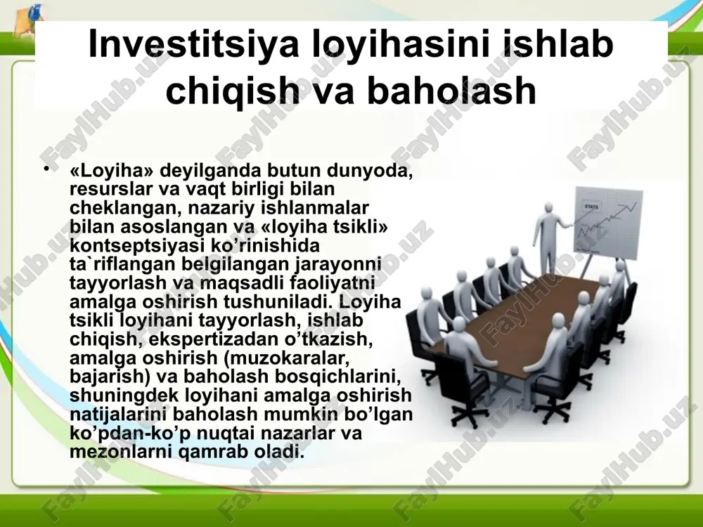 i boshqa tadbirlardan quyidagilar bilan ajralib turadi: barcha investitsiya loyihalari bir qator umumiy belgilarga ega. ularga quyidagilarni kiritish mumkin: maqsadga erishishga yo’naltirilganligi; o’zaro bog’liq harakatlarni muvofiqlashgan holda bajarilishi; vaqt birligida cheklangan davomiyligi; takrorlanmasligi va noyobligi. investitsion loyiha turli investitsiya faoliyatlarini rejalashtirish, tahlil etish, baholash va ulardan foydalanish uslubini qo’llashga imkon beradi. 2005-2012 yillarda mamlakatimiz iqtisodiyotiga yo’naltirilgan investitsiyalarning o’sish sur’atlari, foizda 2005u. 2006u. 2007u. 2008u. 2009u. 2010u. 2011u. 2012u investitsiya loyihalarining turlicha klassifikatsiyalari mavjud bo’lib, belgilariga qarab investitsiya loyihalarining quyidagi ko’rinishlarini ajratish mumkin. raqobat muhiti ta’ sirchanligida har bir iqtisodiyot sub ’ ekti korxona rivojlanishining aniq b elgilangan strategiyasi as osi da investitsiya l o yihalarini tanlay di, zarur b o ’ lgan investitsiyalar xajmini aniqlaydi va moliyalashtirish manbalari imkoniyatlarini baholaydi. bular o ’ zaro bo g ’ liqlikda olib bo rilishi shart.iqtisodiyot sub ’ ektlarining ishlab chiqarishga investitsiyalashlaridan maqsad, hoxlagan miqdordagi moliyaviy natijani qo ’ lga kiritish emas, balki qarzga …