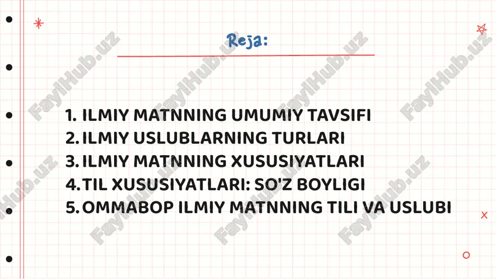 dan foydalanish. misol uchun, klientlar ilmiy jamiyatda odatda qabul qilinadi: masalan, ... shuni ta'kidlash kerakki, tadqiqot davomida olingan ma'lumotlar quyidagi xulosalarga olib keldi ... keling, tahlilga o'tamiz ... va hokazo. ilmiy axborotni "sun'iy" til elementlariga o'tkazish uchun: 1) grafikalar, davralar, bloklar, chizmalar, chizmalar keng qo'llaniladi; 2) formulalar va belgilar; 3) ilmiy uslubning maxsus terminlari va leksik xususiyatlari, masalan, fizik miqdordagi nomlar, matematik belgilar va boshqalar. malumot moslamasi (dipnotlar, izohlar, eslatmalar) nutq mavzusiga nisbatan aniqroq g'oyalarni shakllantiradi va atamalarning aniqligi va manbalarning tekshirilishi kabi ilmiy nutq sifatini amalga oshirishga xizmat qiladi. til xususiyatlari: so'z boyligi mavhum ohang va umumlashma ilmiy uslubning leksik xususiyatlarini hosil qiladi: 1. so'zlarning o'ziga xos ma'nolarda ishlatilishi, so'zlarning mavhum ma'noda ustunligi ( hajmi, aniqligi, qarshilik, ziddiyat, turg'unlik, so'z shakllanishi, bibliografiya va boshqalar). 2. kundalik hayotdagi so'zlar ilmiy ish doirasida terminologik yoki umumiy ma'noga ega. bu, masalan, texnik atamalar uchun qo'llaniladi: debriyaj, lenta, quvur va boshqalar. 3. ilmiy …