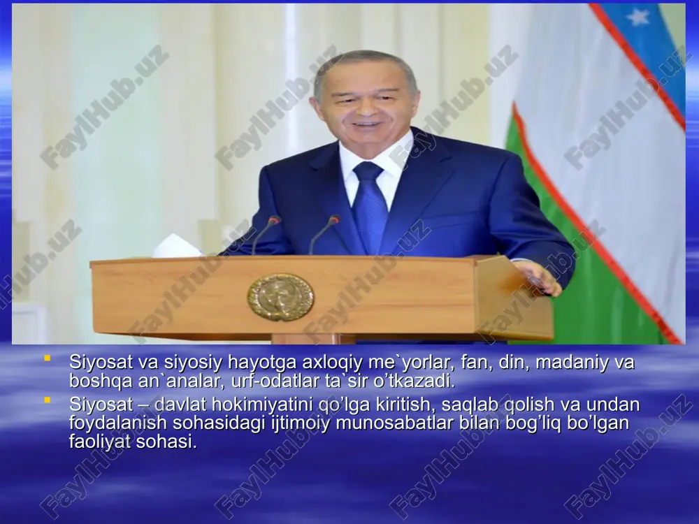 lari va boshqalar tashkil etadi. ijtimoiy siyosat jamiyatning joriy va istiqboldagi manfaatlari, turli qatlamlar, ijtimoiy institutlar manfaatlari o’rtasidagi ziddiyatlarni hal qilish, jamiyatning ijtimoiy taraqqiyot uchun zaruriy “to’laydigan haqi”ni pasaytirish va korrektsiya qilishga yo’naltirilgan. shu munosabat bilan ijtimoiy siyosat farovonlikni rivojlantirish, aholi turli qatlamlarini qo’llab-quvvatlash miqyoslaridagi ustuvorliklarni belgilashga bevosita aloqador. odatda, ijtimoiy siyosat ijtimoiy ishning turli shakllari, davlatning bir martalik yirik qarorlari va tadbirlari, shuningdek, ijtimoiy (maxsus va kompleks) dasturlari orqali amalga oshiriladi. davlat sektori ijtimoiy siyosatining eng muhim vazifasi quyidagilar orqali ijtimoiy hayotdagi muvozanatning muayyan darajasiga erishish: a) tabiiy ofatlar, ocharchilik, kasalliklar, global jarayonlarning maksimal salbiy oqibatlarini bartaraf etish bo’yicha davlat kafolatlarini berish; b) moddiy boyliklarni qayta taqsimlash, mamlakatda erishilgan turmush darajasini soliqlar, homiylik ishlarini rivojlantirish, tadbirkorlikni repressiv vositalar bilan birgalikda qo’shib ta`minlashga yo’naltirilgan tashkiliy harakatlarni muvofiqlashtirish. ijtimoiy siyosat amalga oshirilishida maxsus murvatlar mavjud bo’lib, ular jumlasiga ijtimoiy xizmat ko’rsatish, ijtimoiy xizmatlar, ijtimoiy reabilitatsiya, ijtimoiy muhofaza, ijtimoiy yordam va o’ziga-o’zi …